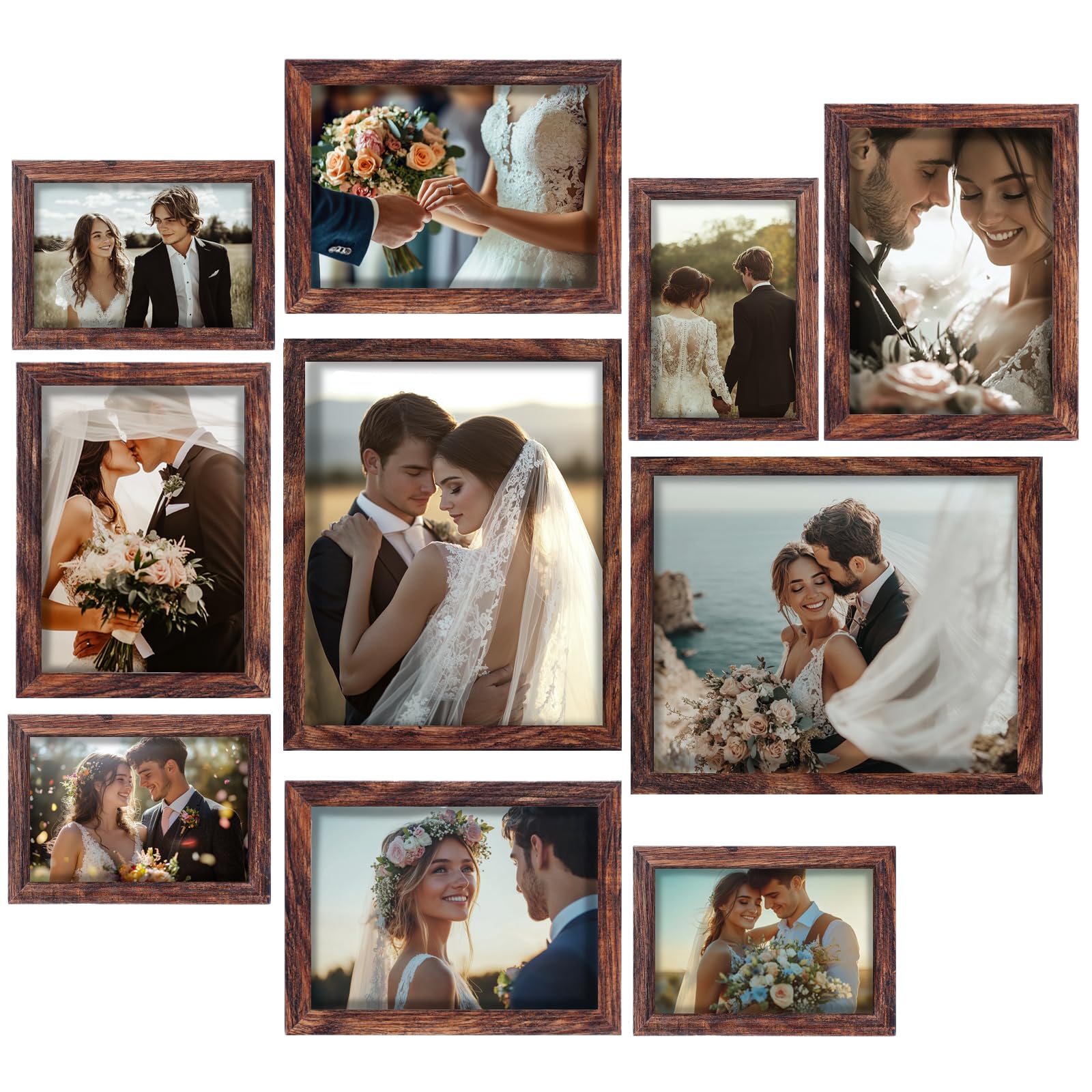 Fixwal Picture Frames, 10 Pack Wooden Collage Picture Frame Set for Wall Gallery Decor, Hanging or Tabletop Display Multi Sizes Photo Frames Including 8x10, 5x7, 4x6, Brown