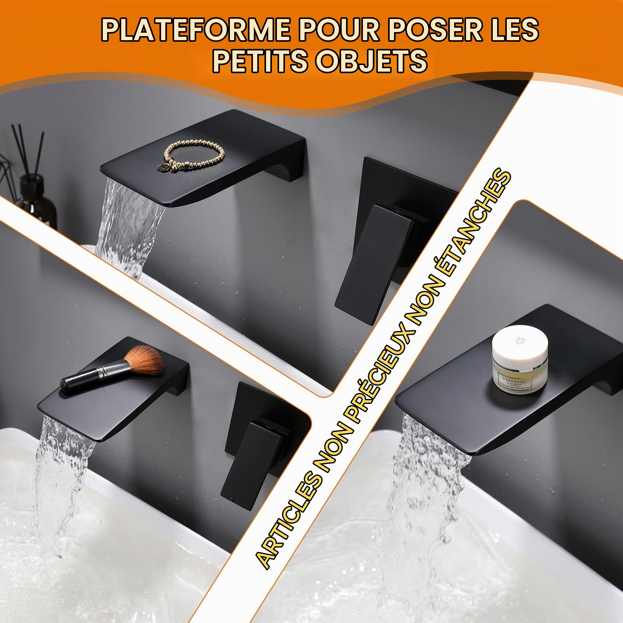 LIWEIKE Robinet Mitigeur Mural Lavabo Cascade Noir En Laiton