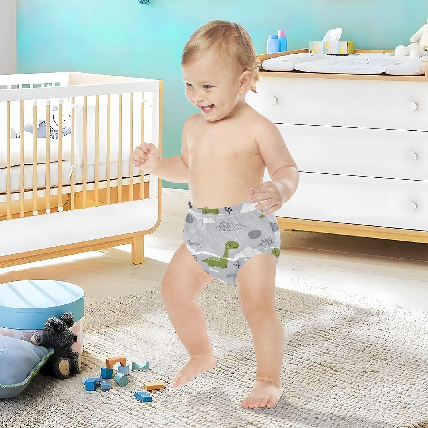Baby Girls Potty Training Pants Leakproof Dinasaur Brontosaurus Gray Green Boxer Briefs Underwear Breathable