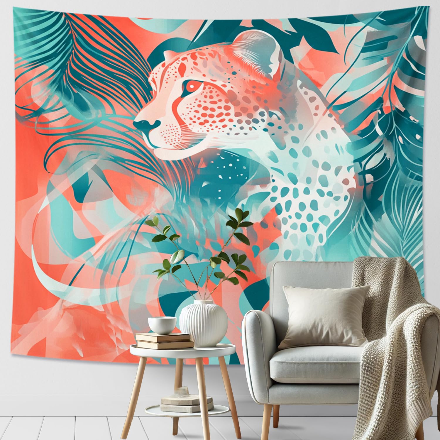Cheetah Jungle Tapestry, Coral Turquoise Art Wall Hanging, Tropical Decorative Decor for Living Room, Bedroom, Dorm, Bohemian Style 60x50 Inch