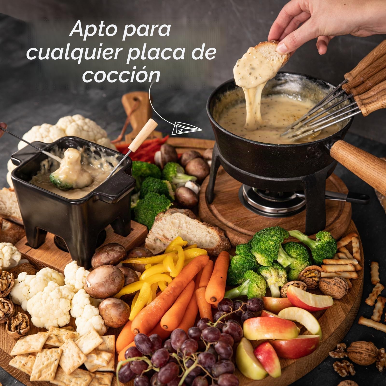 BOSKA Juego de fondue Pro L - Juego de fondue de alta calidad - Juegos de fondue de queso - Olla de fondue de hierro fundido - Adecuado para cualquier estufa - Incluye 6 tenedores de fondue de madera