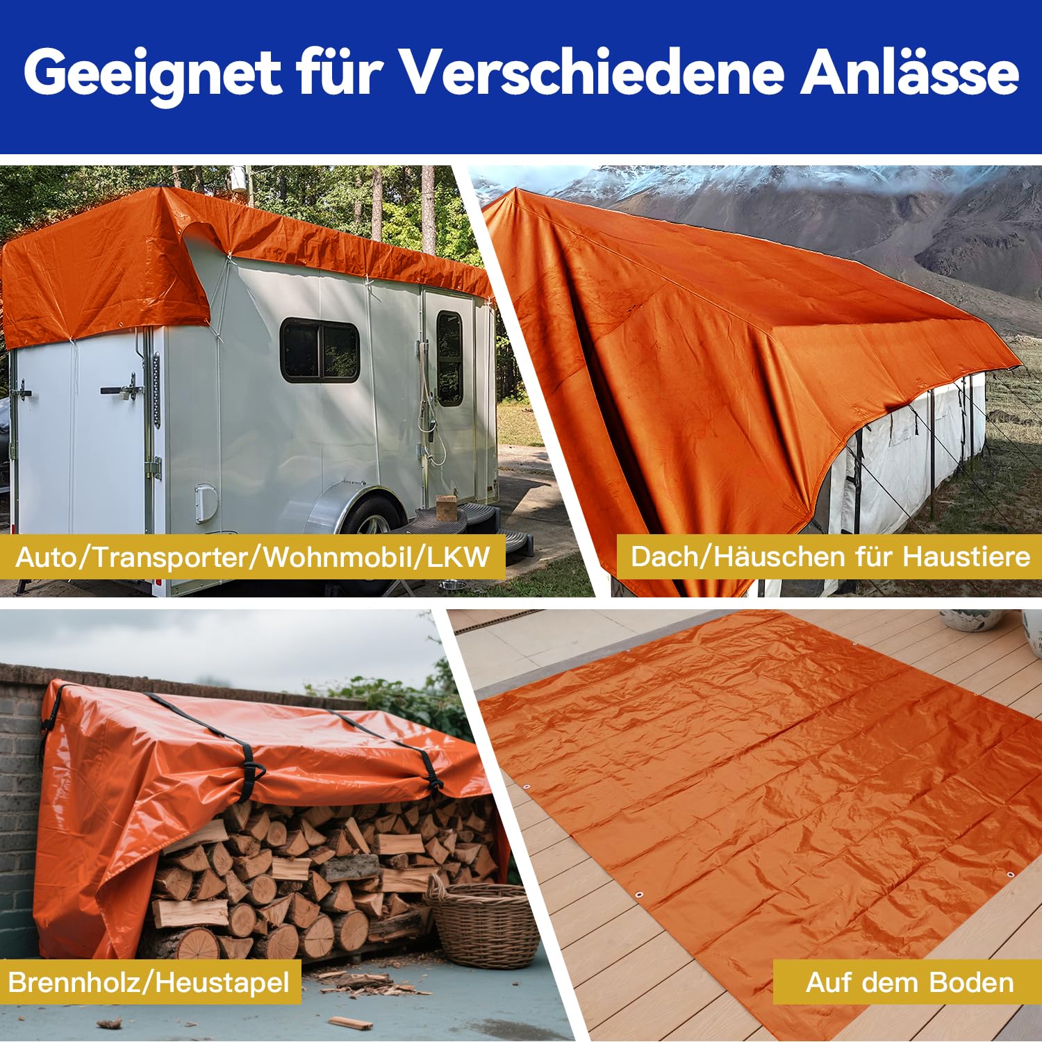 6m x 8m Bâche Imperméable Épaisse 160g/m² Anti-UV Ultra Résistante Bâche Plastique de Protection Extérieur Jardin Bois Extérieur Anti-Pluie Toiture Camping Camion (Orange Vif)