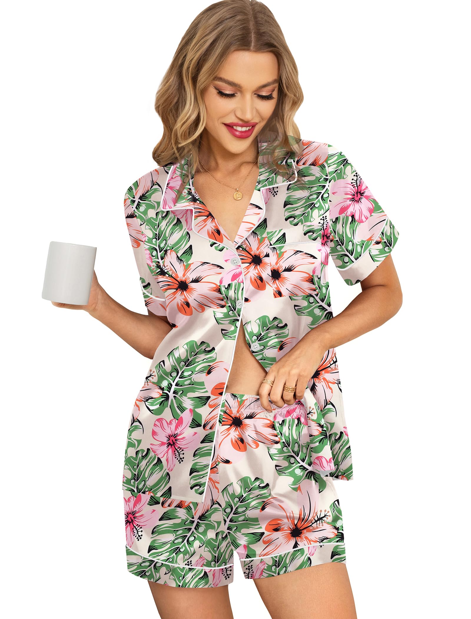 Leikar Silk Pajamas For Women Button Down Pajamas Satin PJ Set Soft Sleepwear