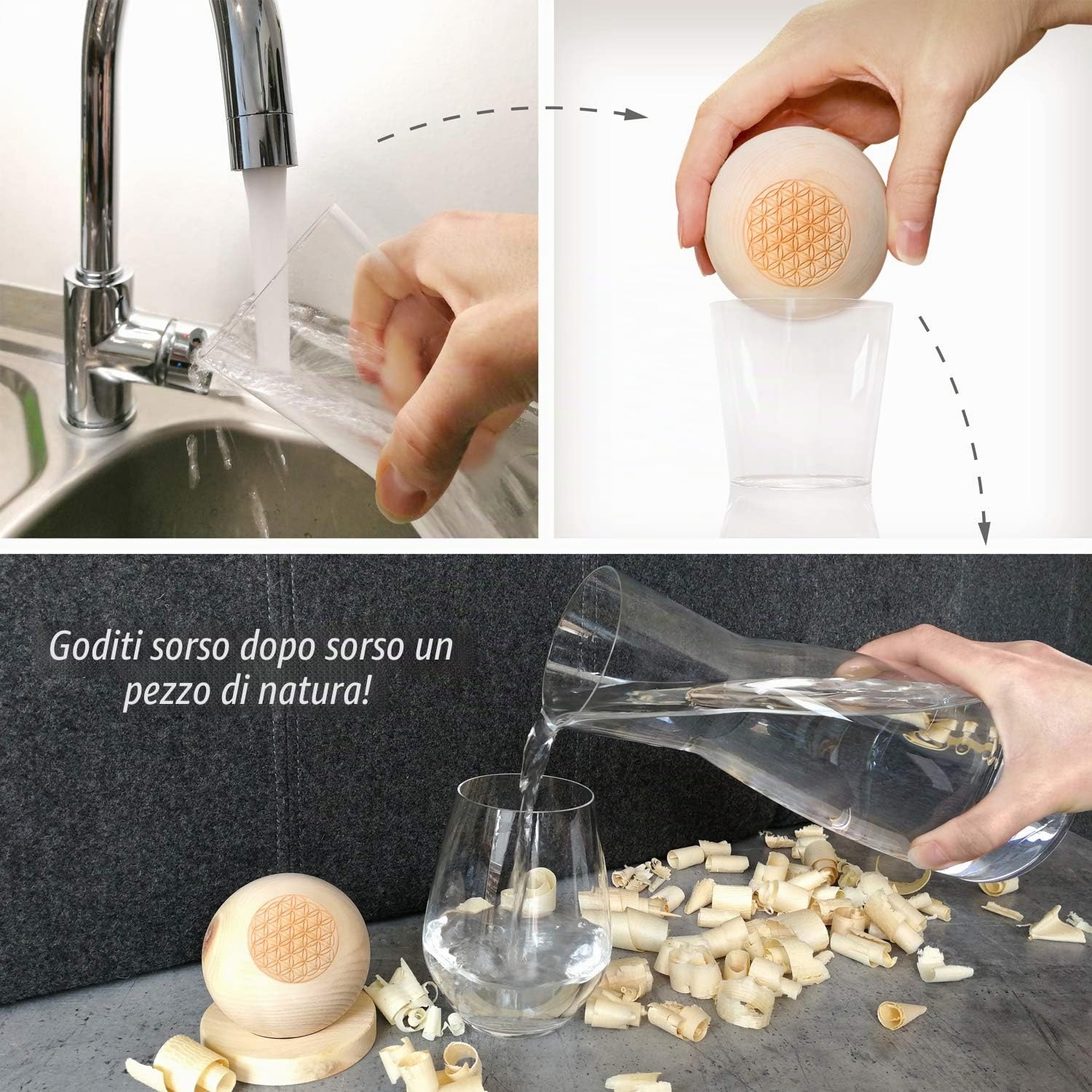 Zirben Familie Il set originale a sfera di cembro | dona all'acqua un tocco speciale | 1 litro di caraffa in vetro di cristallo con coperchio in legno di cembro | Flower des Life Edition