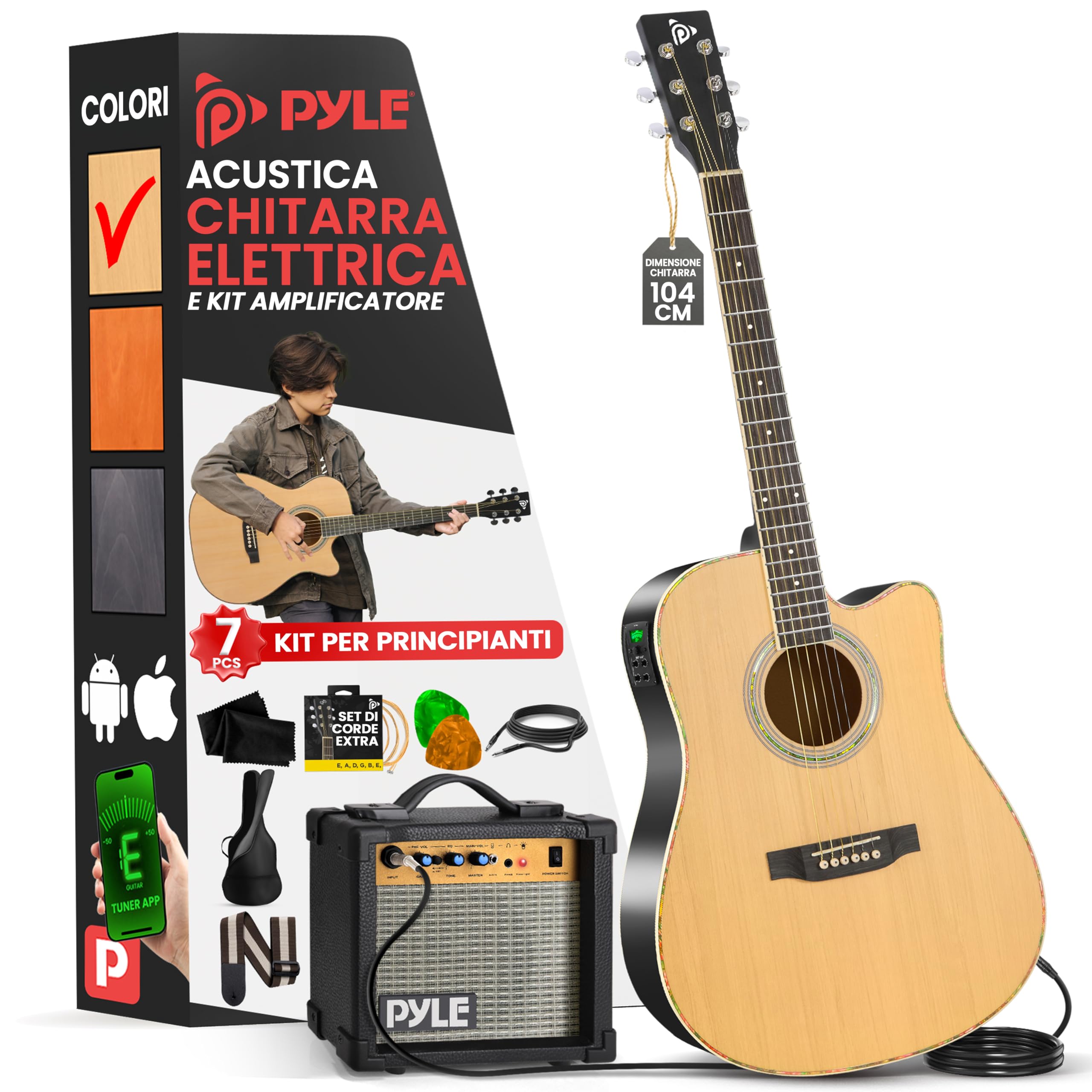 Pyle Kit Chitarra Elettrica Acustica 4/4 con Amplificatore Spalla, Legno Abete Rosso 1,04 m