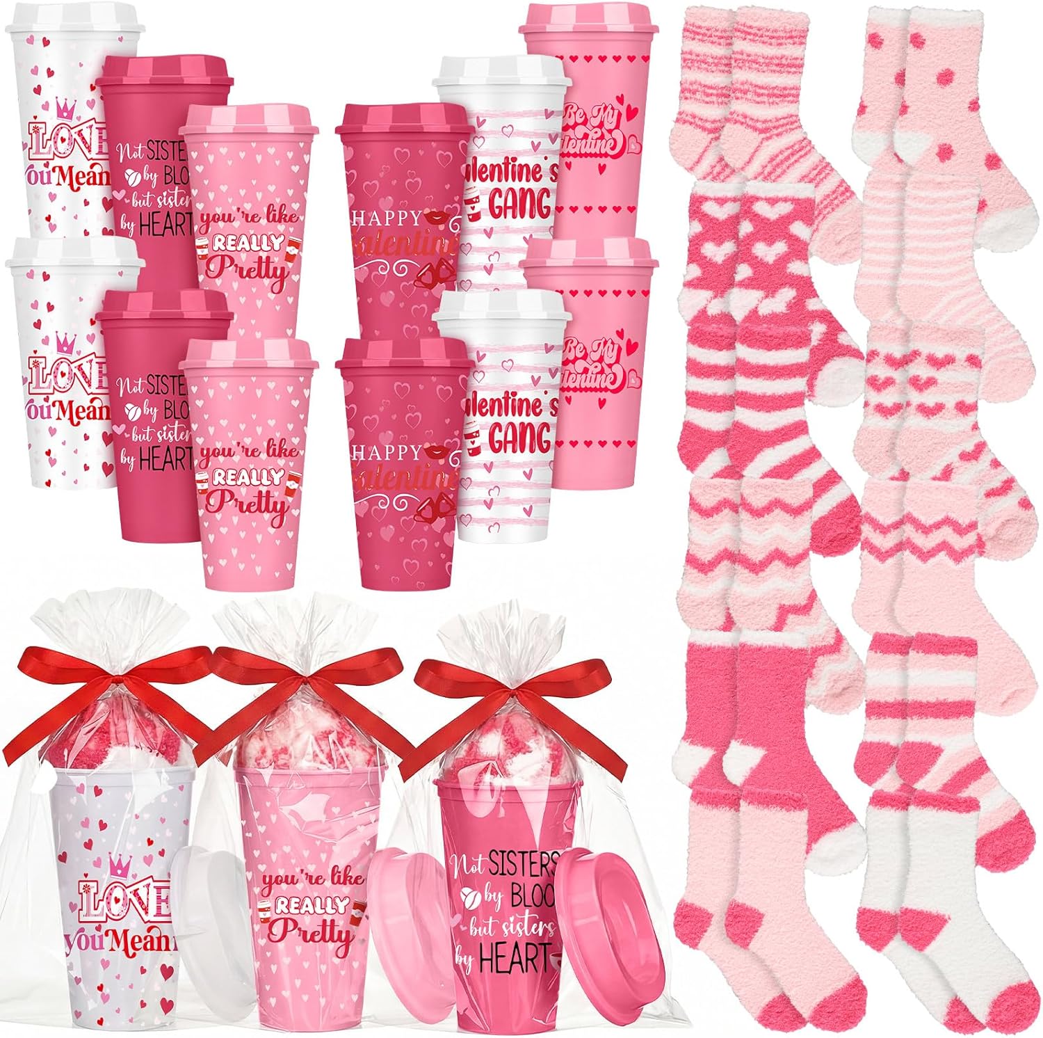 Ramede 12set Galentines Day Gifts Bulk Funny Coffee Cup Pink Fuzzy Socks Galentine Party Favors for Galentine's Day Reusable Coffee Cup 16 oz DIY Thank You Gift for Teacher Women(Classic,Light)