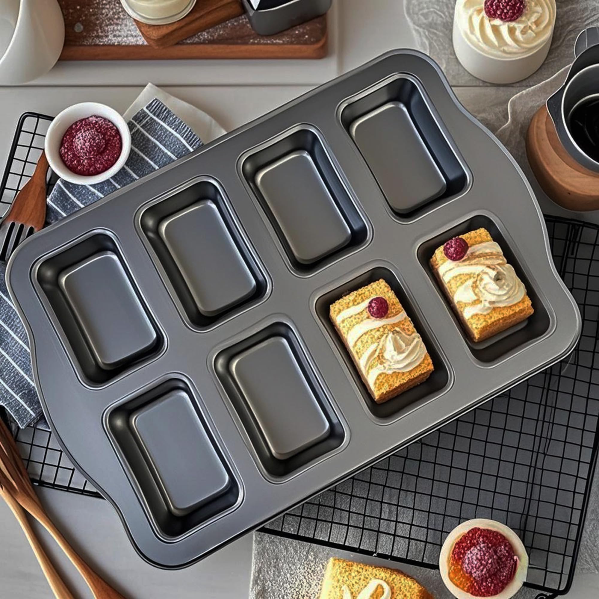 OlBuWa Mini molde para tartas, bandeja para tartas antiadherente, para 8 pasteles, forma de mini caja, molde rectangular pequeño, forma pequeña