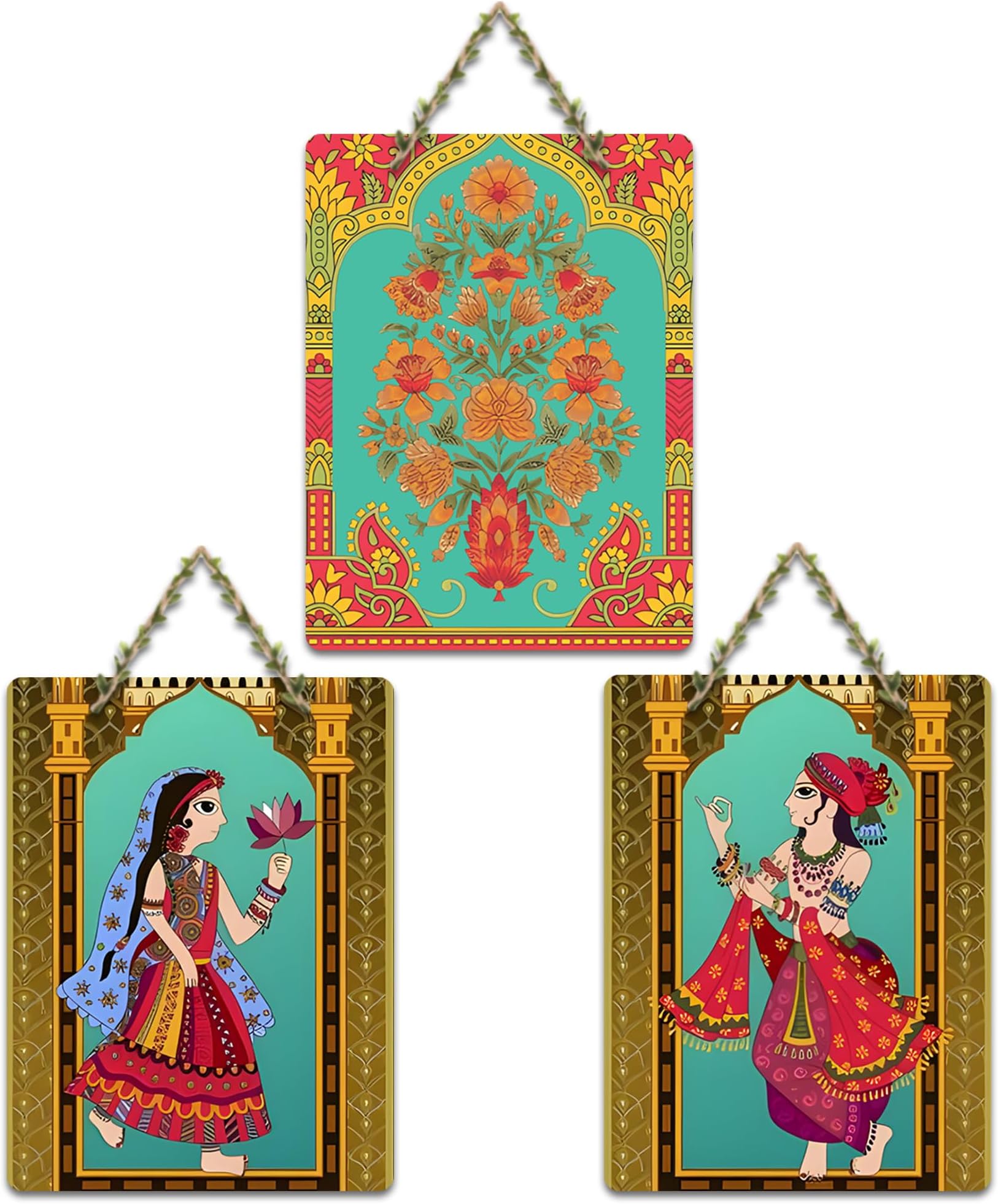 Artvibes Rajasthani Art Decorative Wall Art MDF Wooden Wall Hanger for Living Room | Art For Wall | Wall Sculpture | Signs & Plaques | Festive Decor | Wall Poster | Unique Gift (WH_9603N), Set of 3