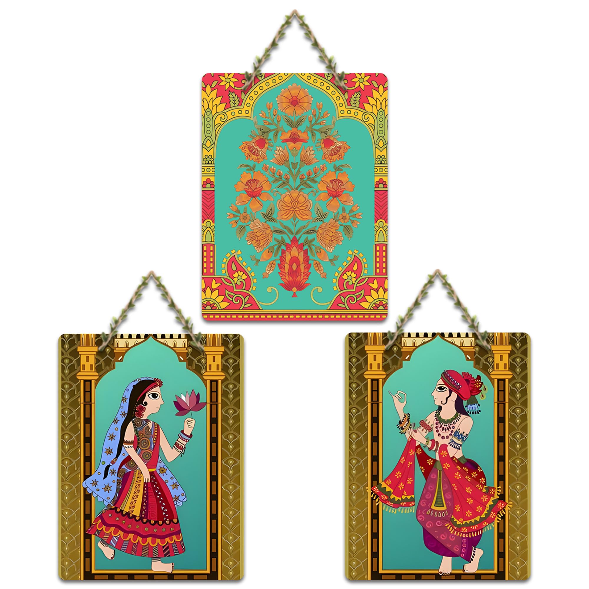 Artvibes Rajasthani Art Wooden Wall Hanging Decoration Item for Home | Bedroom | Mdf Designer Artwork Decorative for Living Room | Ideal Gift | Stylish Modern Decor Item for Hall (WH_9603N) (Set of 3)