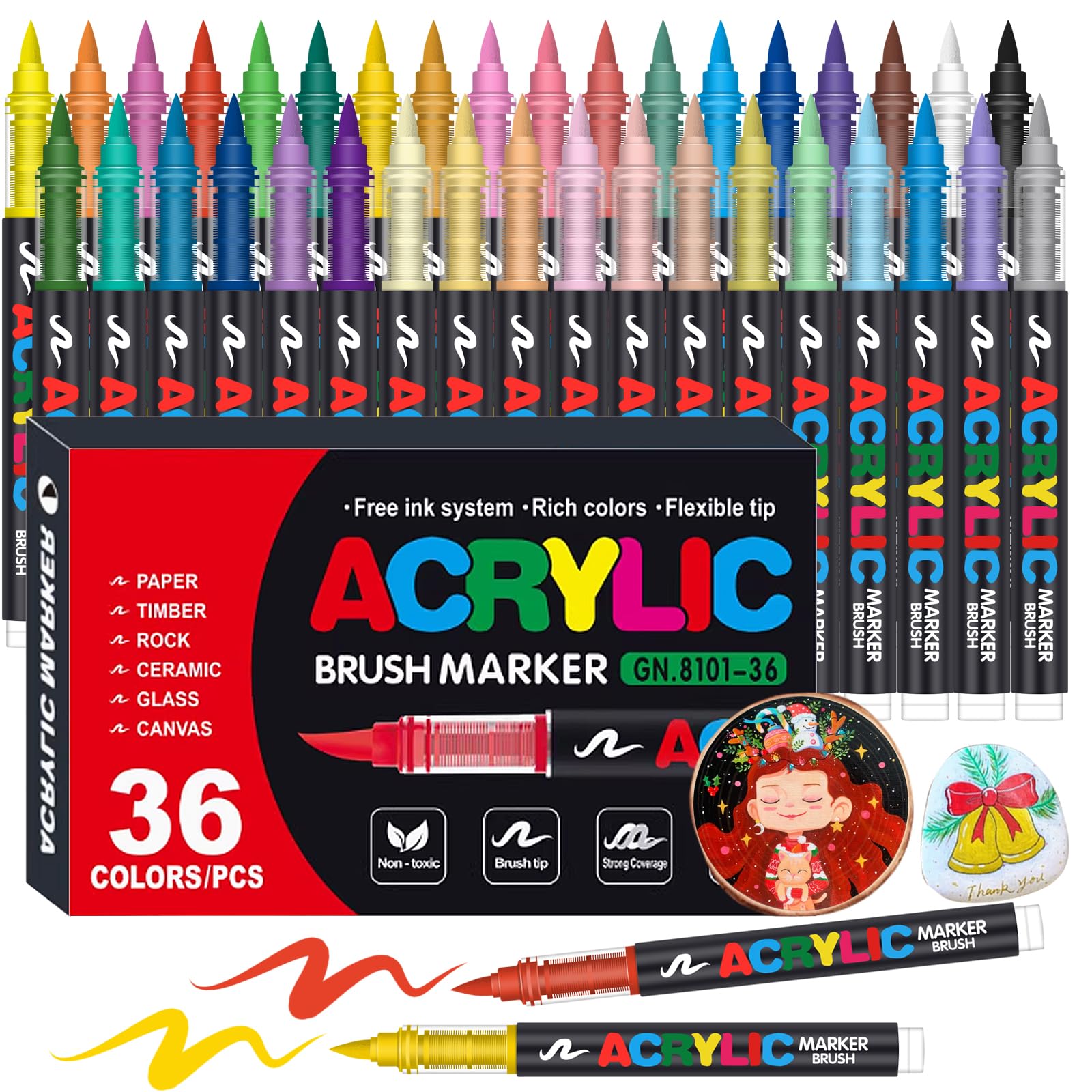 Acrylic Paint Markers, Soft Brush Tip Pens and Markers, Acrylic Paint Pens for Wood, Stone, Canvas, Glass, Fabric, Egg, Rock Painting and DIY Crafts Art Supplies (36)