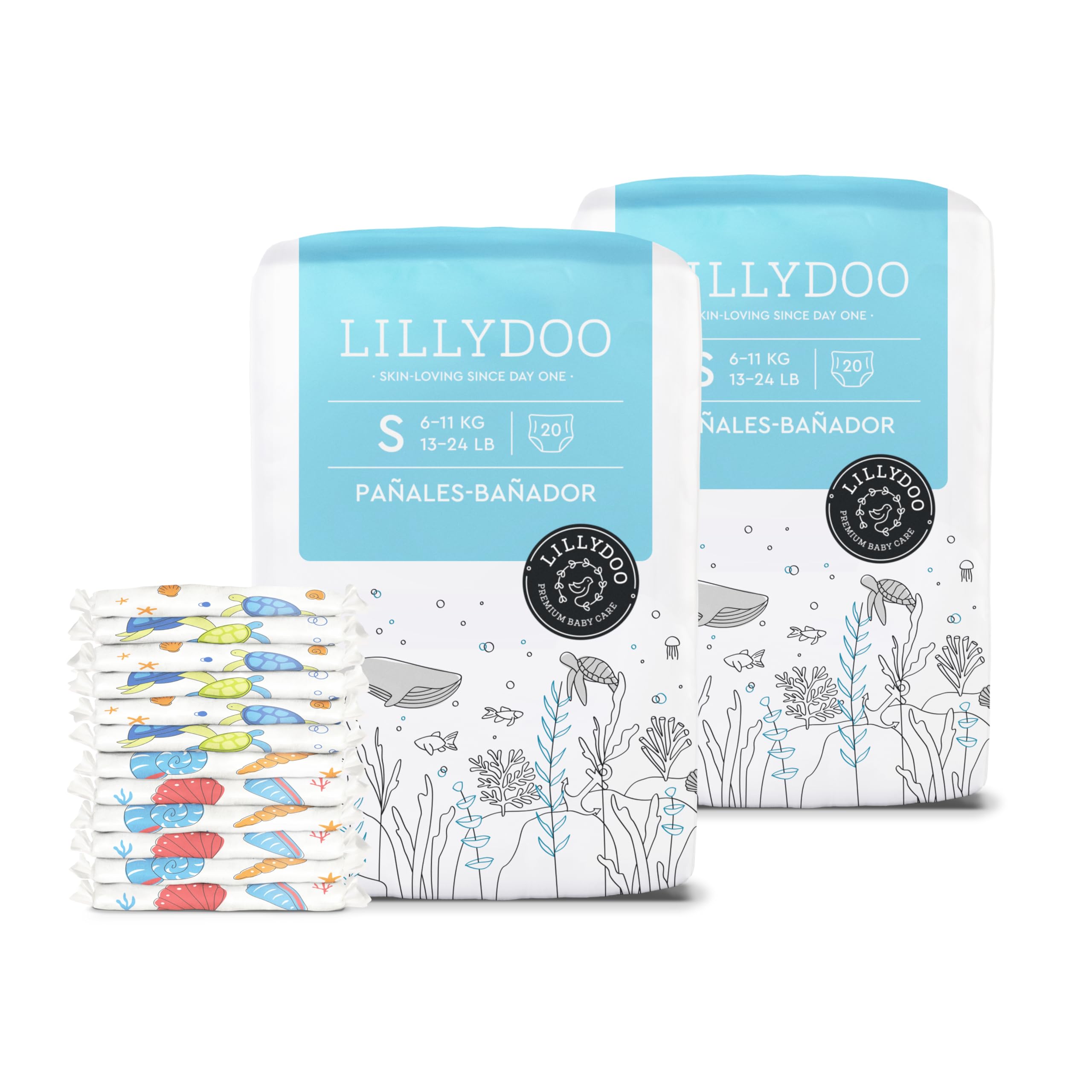 Pañales-bañador LILLYDOO desechables, talla S (6+ kg), 40 uds. | Ligeros y transpirables, para una protección segura en el agua, con los divertidos diseños «Shell Yeah» y «Tiny Turtles»
