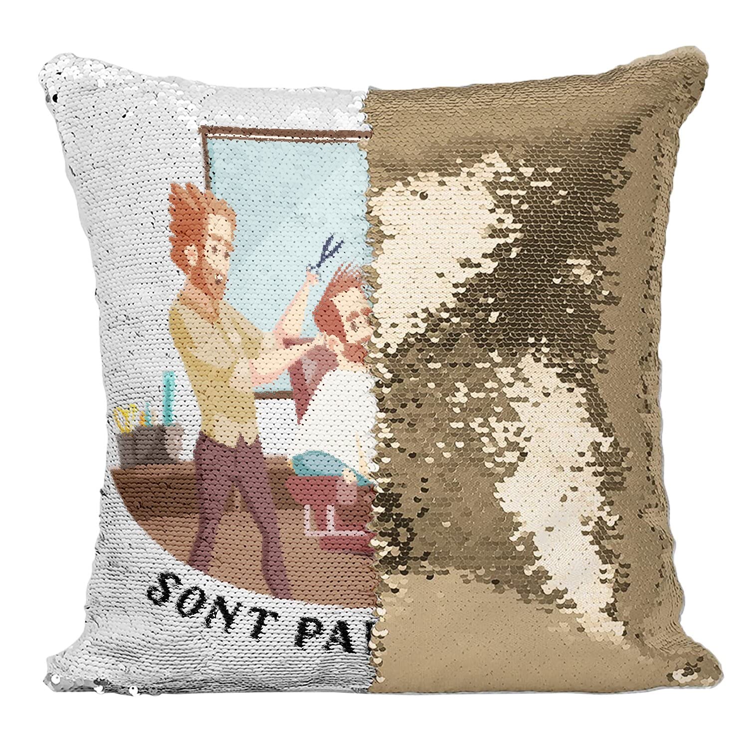 Coussin Sequin Paillettes Doré Coiffeur pour décorer le canapé d'un salon de coiffure unique