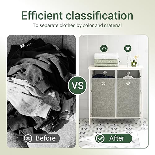 Miniatura 5 de Haotian BZR57-W - Cesta de lavandería con estante, cesta de lavandería, clasificadora de ropa con 2 bolsas extraíbles y extraíbles para cuarto de