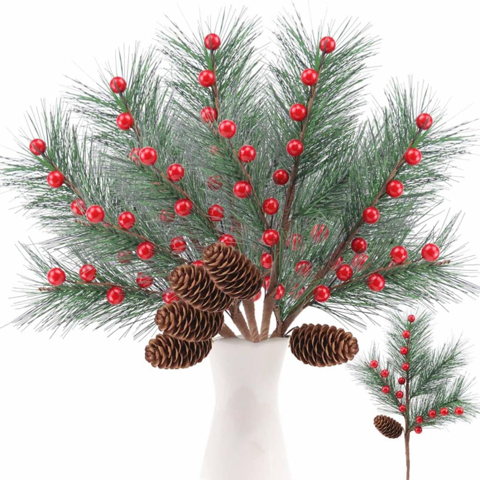 Künstliche Tannenzweige mit roten Beeren & Zapfen,Lange Deko Zweige 40cm,Weihnachtszweige für DIY Kranz,Girlande, Adventskranz,Weihnachtsbaum,Tischdeko,Handwerk Deko (12 Stück)