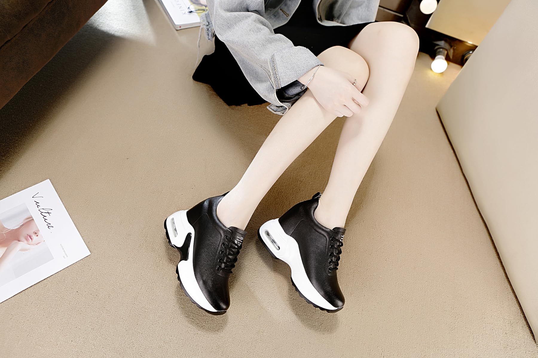 Zapatillas Deportivas Cuña Interior Mujer 10 cm Cuero Zapatos Running Fitness Gym Outdoor Sneakers Cuña Alta Talón Plataforma Casual