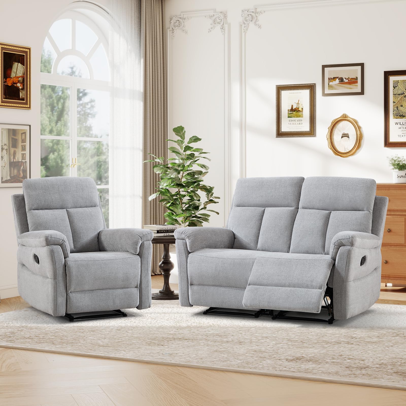 ANJ 2-Piece Manual Recliner Sofa Set, Recliner Chair and Loveseat with Padded Armrests and Supportive Backrest, Fabric Reclining Couch Set for Living Room, Silver