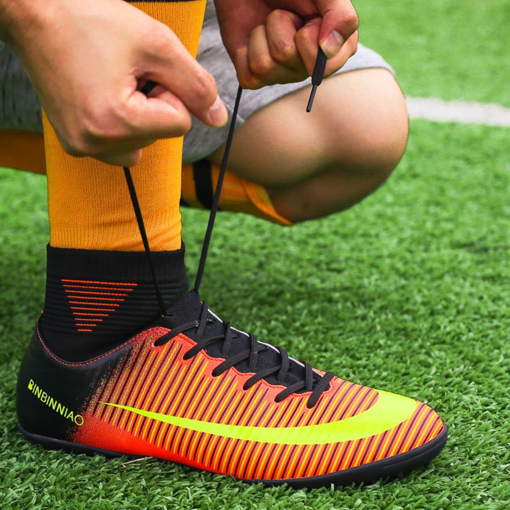 Mens Football Shoes High Top Spikes Turf Trainers (Black Orange, UK 6) - Image 3