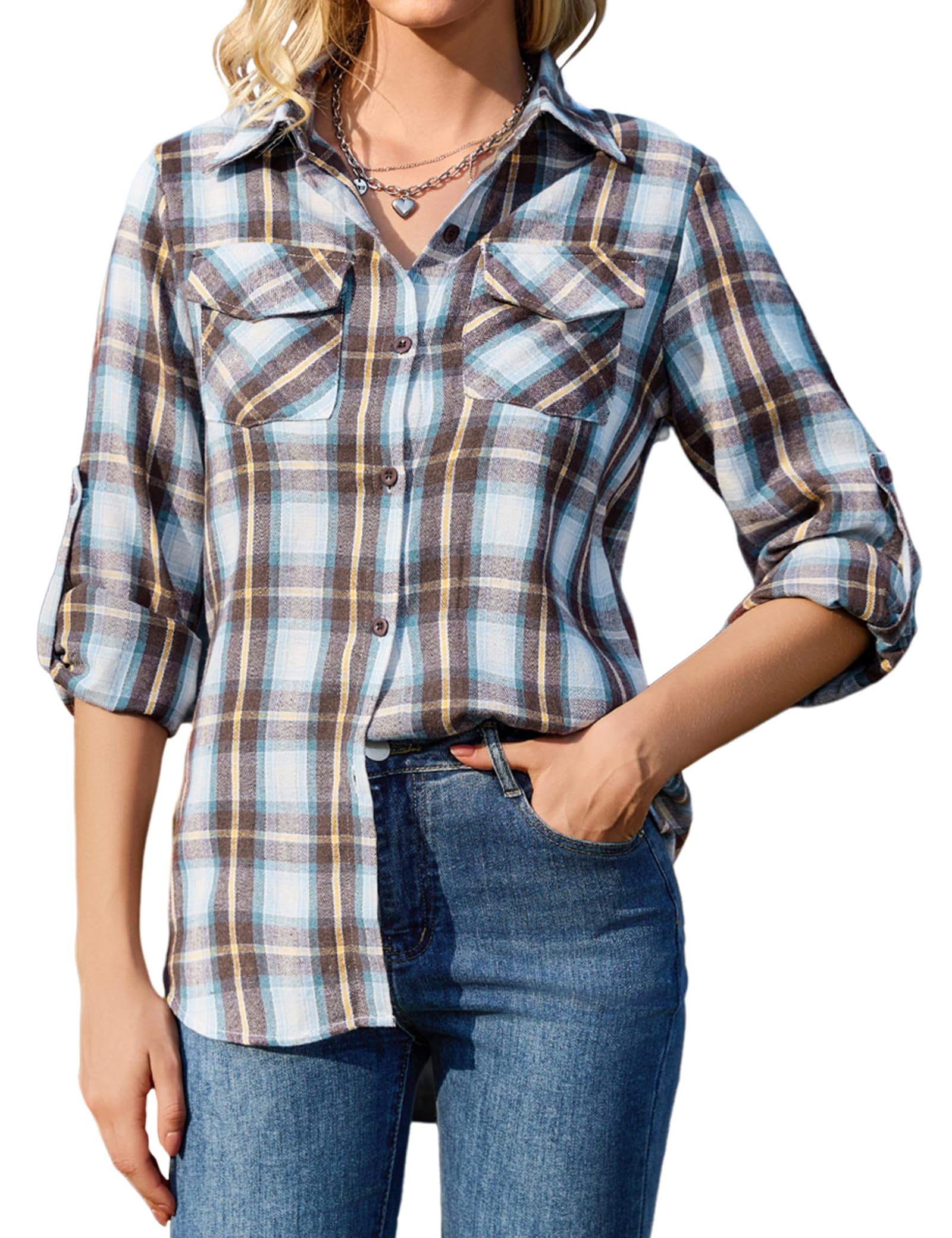 Irevial Damen Karierte Bluse Karohemd Button-down Langarm Karo Flanell Hemden Baumwolle Hemdbluse Flanellhemd für Frühling und Herbst