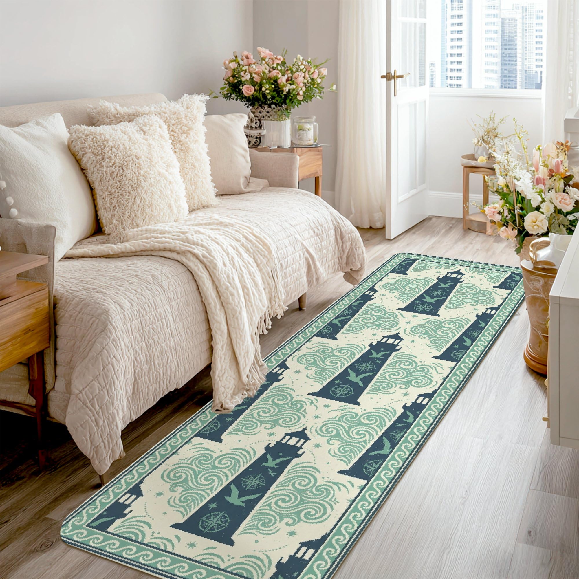 Tapis de couloir motif phare et boussole d'été en éponge