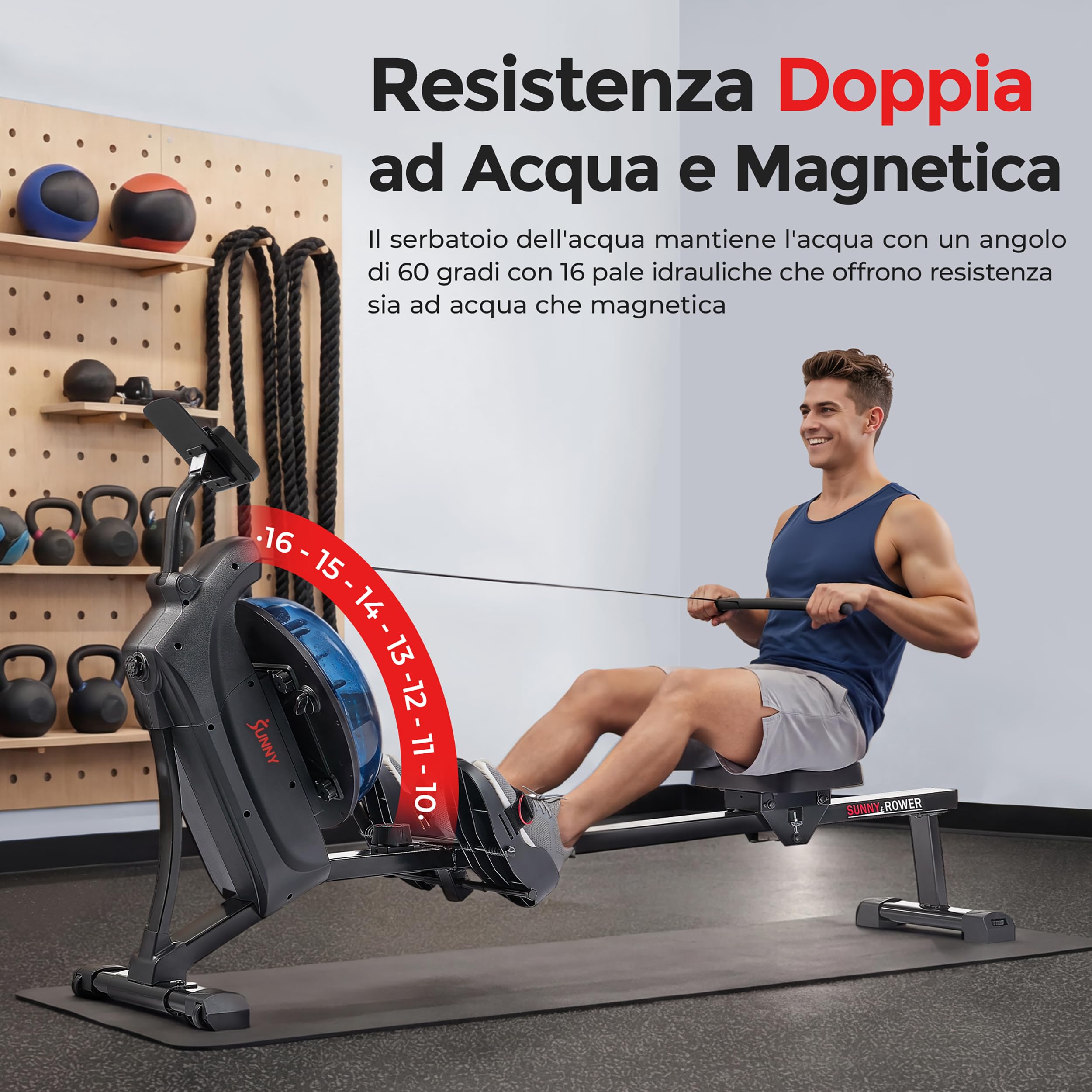 Sunny Health & Fitness Vogatore Smart ad Acqua e Magnetico Total Body | App SunnyFit, Hydro + Resistenza Magnetica a 16 Livelli, Lunghezza del Binario di Scorrimento 124 cm, Portata 120 kg