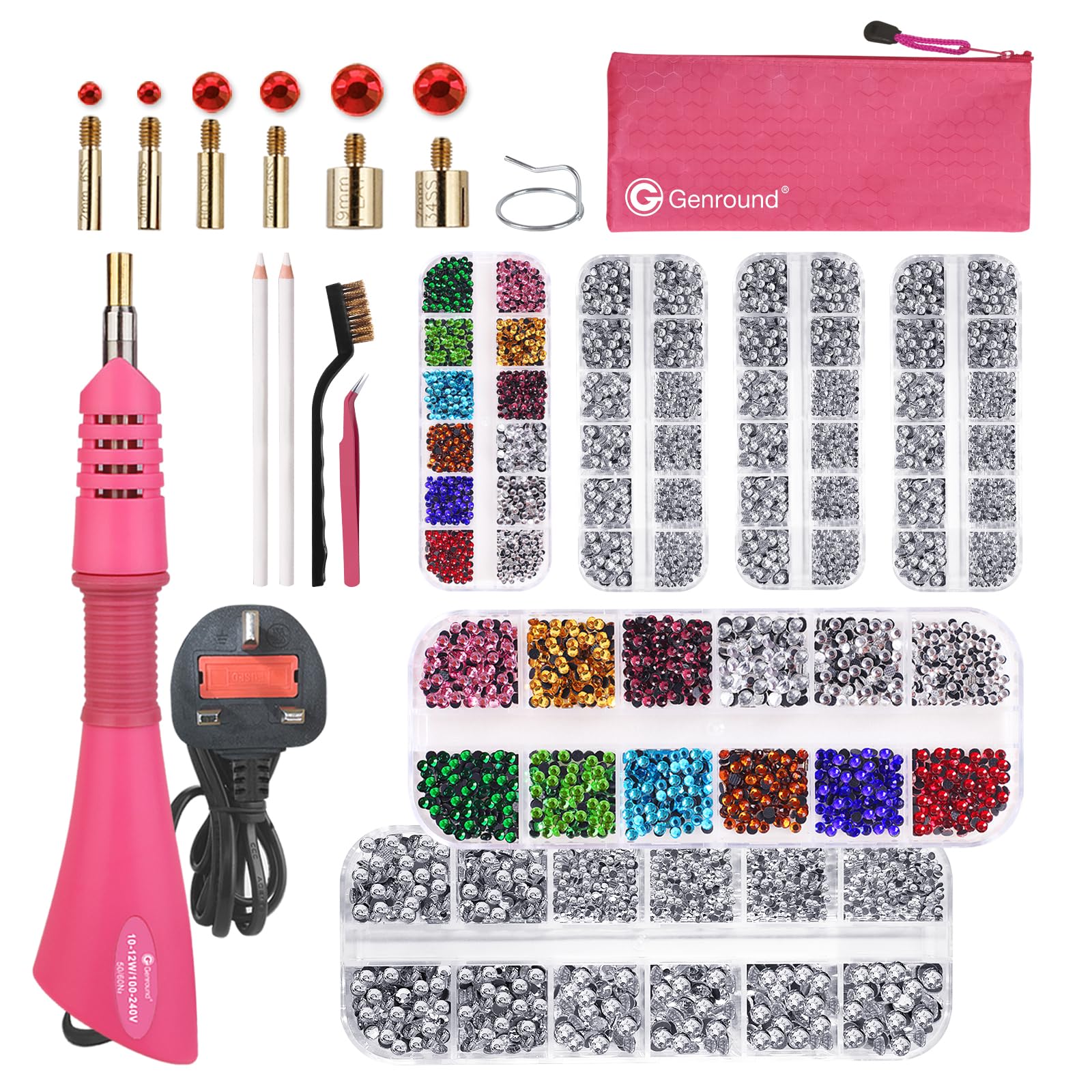 Genround Hotfix Applicator Tools, Iron-on Hotfix Rhinestone Wand Tool with 6 Boxes of Flat Back Gems Round Crystal Bedazzler Kit Jewel Hot Fix Applicator, Professional Designed