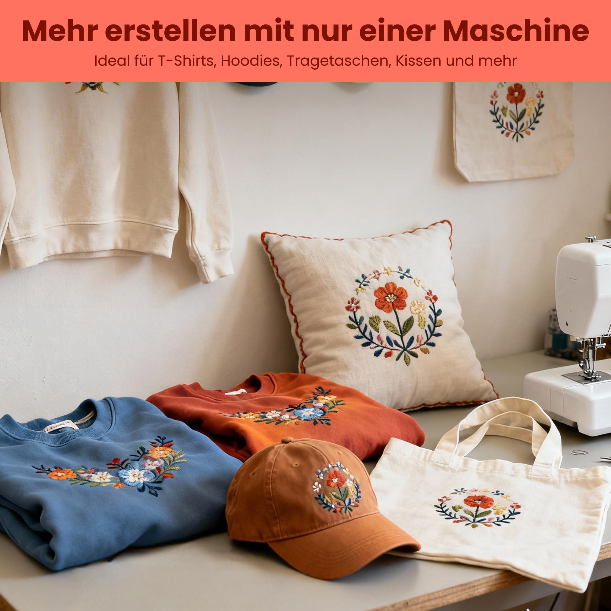 PooLin EOC03 Stickmaschine – Elektronisches Stickgerät – 4,3″ LCD-Touchscreen, Stickrahmen 10×10 cm und 10×23,5 cm, Musterimport per USB/WLAN, ideal für Anfänger und Fortgeschrittene.