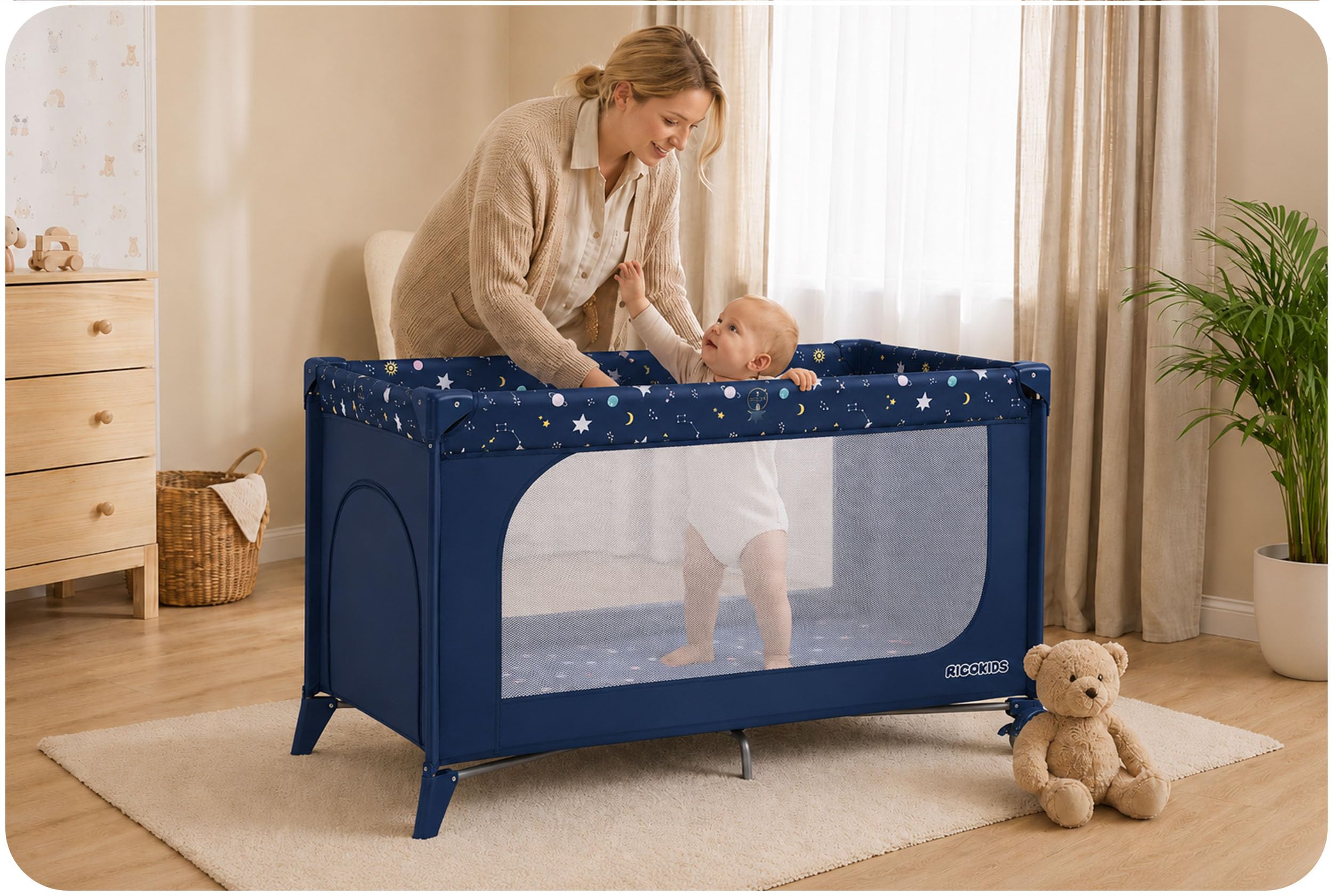 Ricokids Lit de Voyage Pliable pour bébé avec Matelas - Sac de Transport - 125 x 65 x 78 cm - Bleu foncé avec étoiles