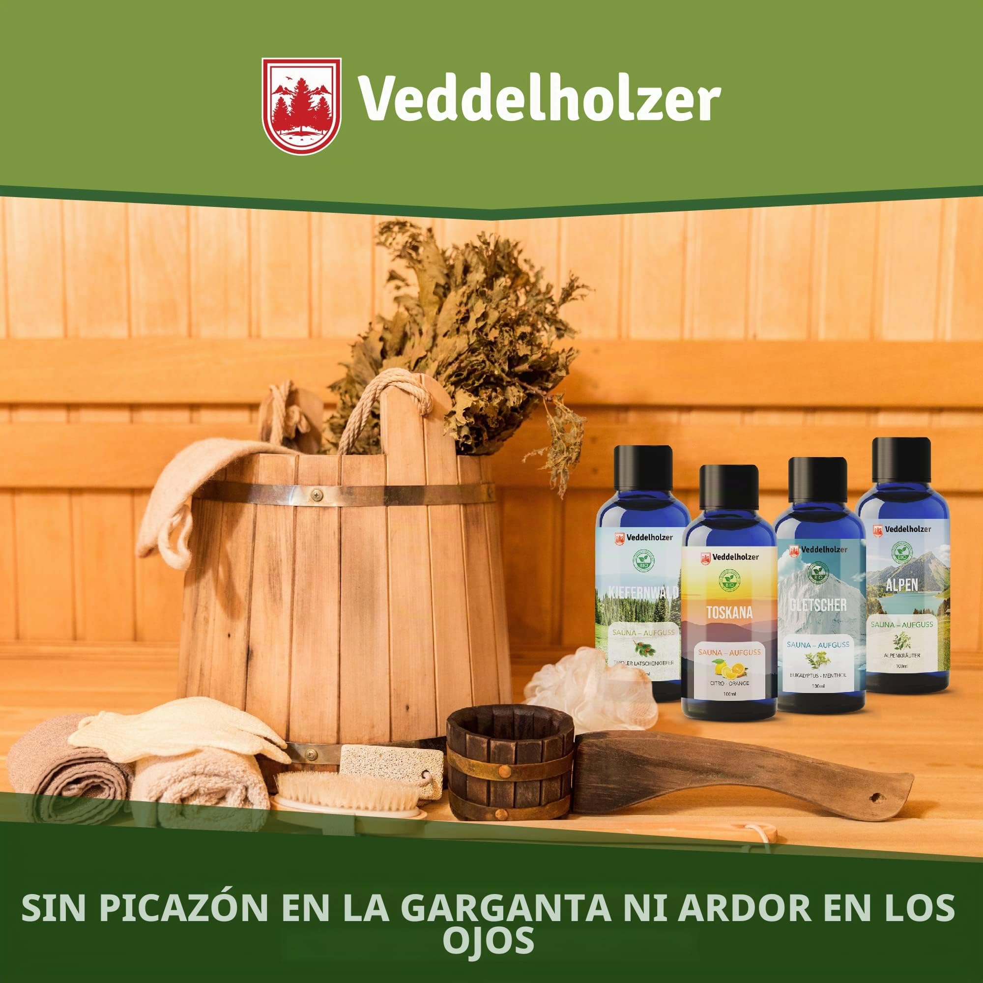 Veddelholzer BIO - Juego de infusión de sauna con aceites esenciales 100 % naturales 4 x 100 ml, diferentes aceites de sauna, aroma de sauna, accesorios de sauna como set de regalo todo en uno