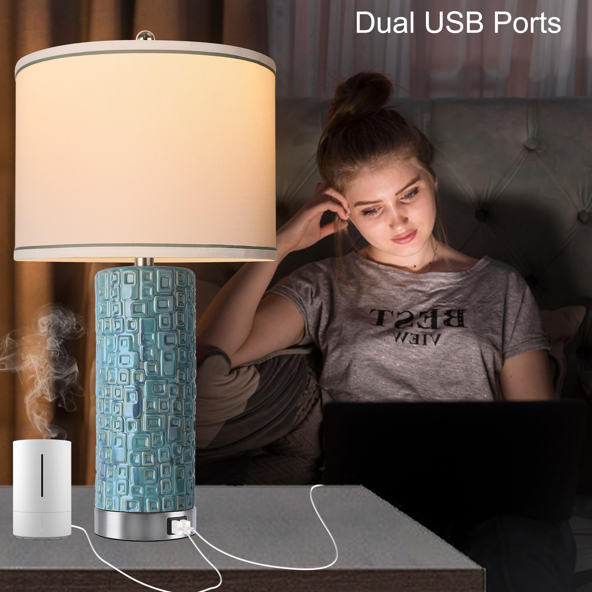 Vpazg Ceramic Table Lamps Set of 2 Lamps for Bedroom Living Room Office 26'' Rotary Coastal Bedside Lamp for Nightstand with 2 USB Ports 3-Colors Temperature Teal Art Decorative