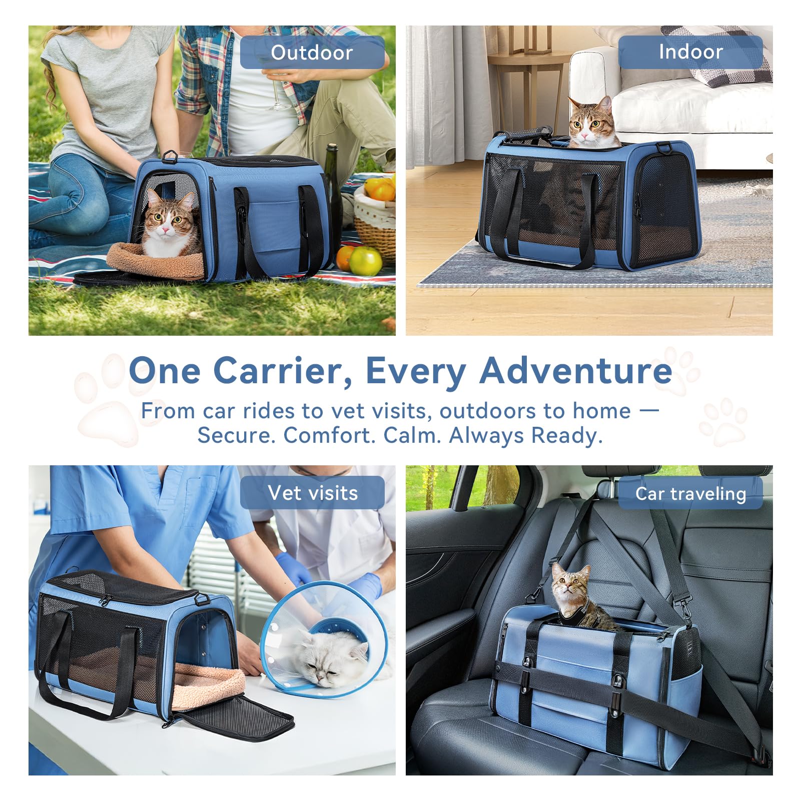 Petsfit Transportbox Katze Hundebox Auto Katzentransportbox Transportbox Hund - Faltbare Tragetasche mit 2 Patent-Schnallen für Autositz, 4-seitigem Netz & Abnehmbarem Kissen, M/Blau