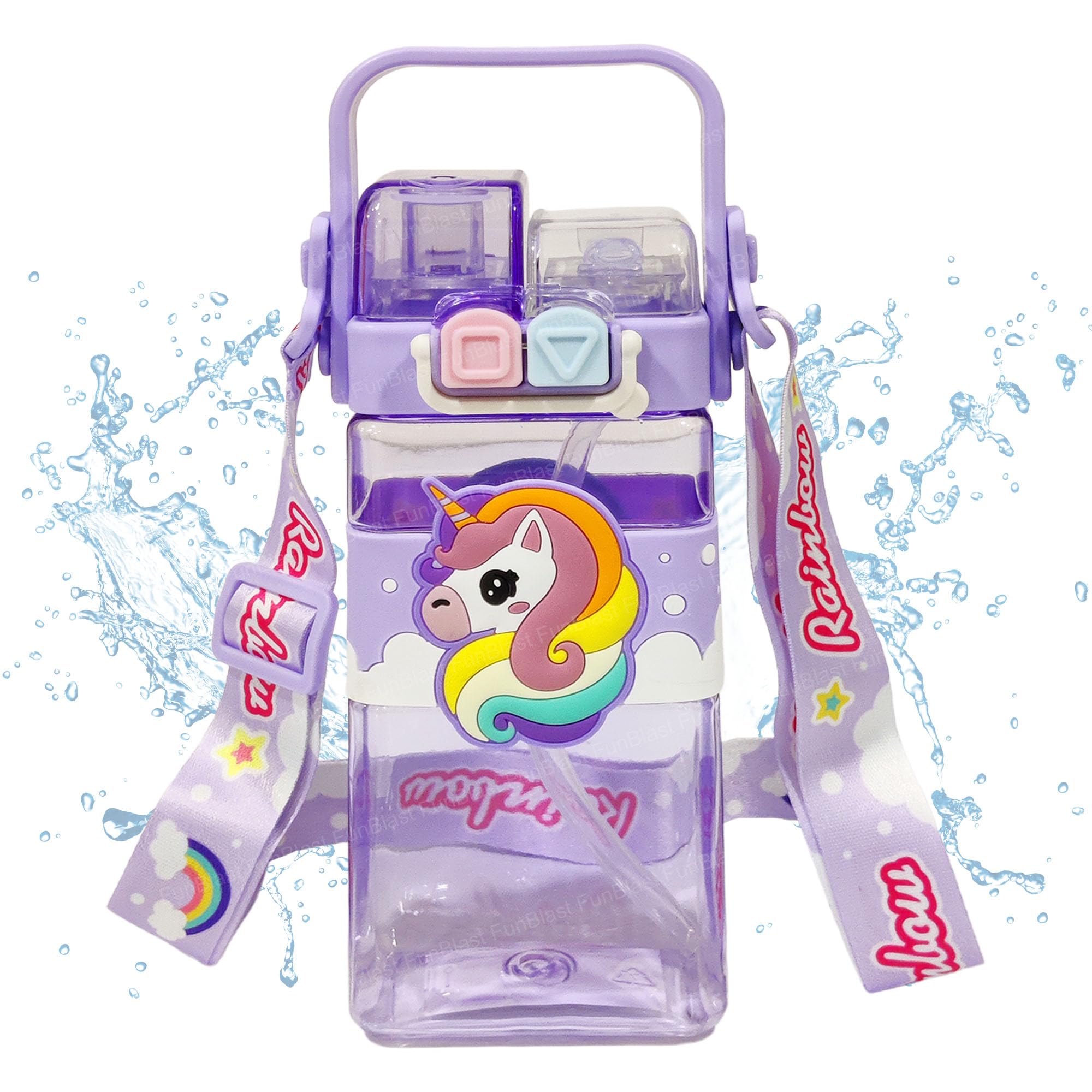 FunBlast Polypropylene, Silicone, Polycarbonate Anti-Leak Kids Unicorn School Water Bottle, 520 ML BPA Free, Cute Rainbow Design Dual Cap With Straw, Strap & Carry Handle (Purple)