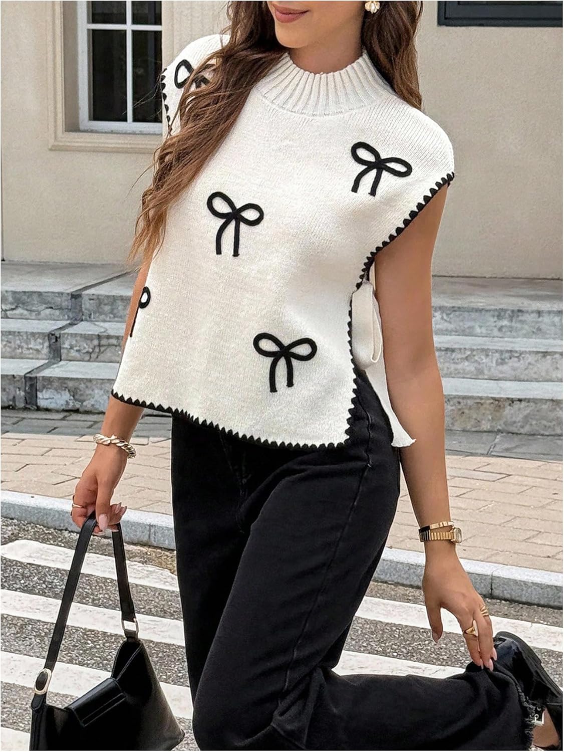 WDIRARA Women's Bow Embroidery Tie Side Sweater Vests Mock Neck Sleeveless Knit Tank Tops - Image 6