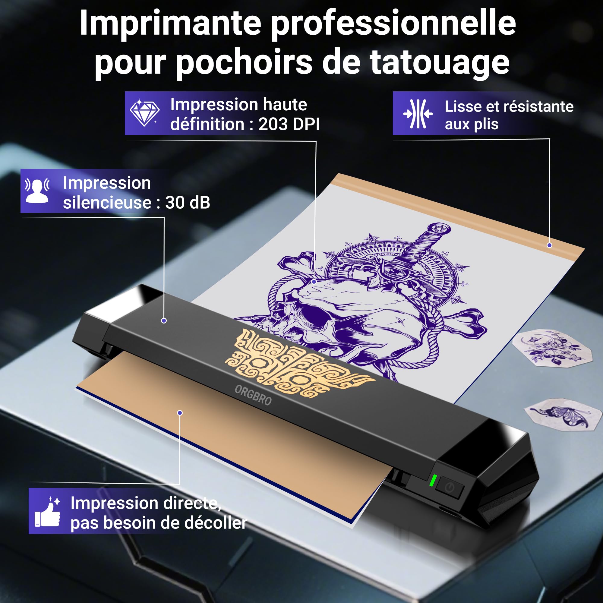 ORGBRO X8 Imprimante Stencil Tatouage Transfert Thermique Bluetooth 30 Feuilles Papier