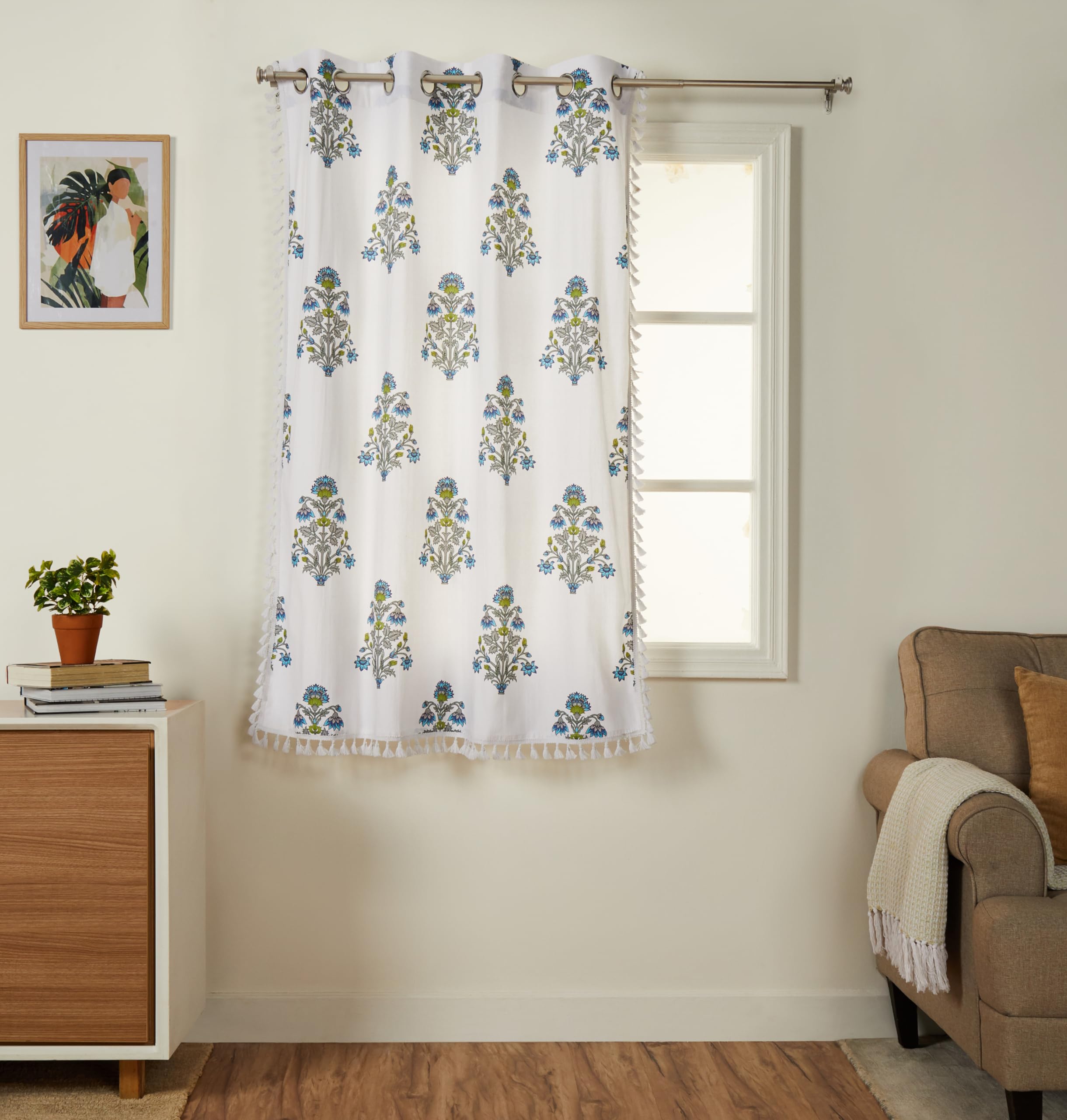 Amazon Brand - Solimo Cotton Curtains with lace for Window, 100% Cotton Damask Designs Curtains 5 Feet Set of 1 White 250 GSM