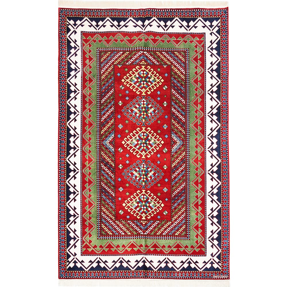 Yuchen Rug Silk Carpet 5x8 Red Geometric Handmade Area Silk Rug for Bedroom