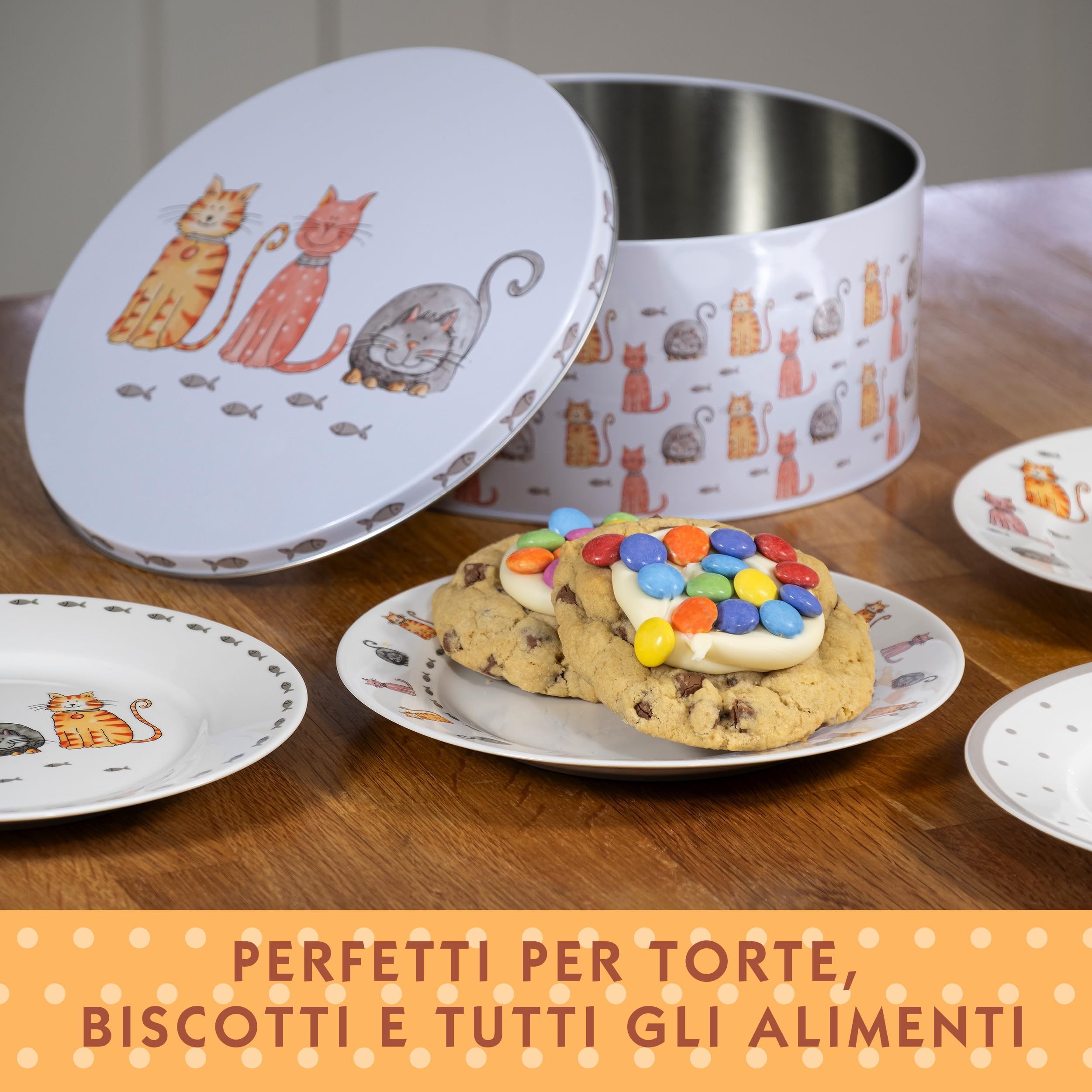SPOTTED DOG GIFT COMPANY Set di 3 Scatole di Latta, Contenitori Impilabili per Biscotti in Metallo, Barattoli di Latta Rotondi Ermetici per Conservare Torte e Alimenti, Piccoli Medi Grandi - Gatti