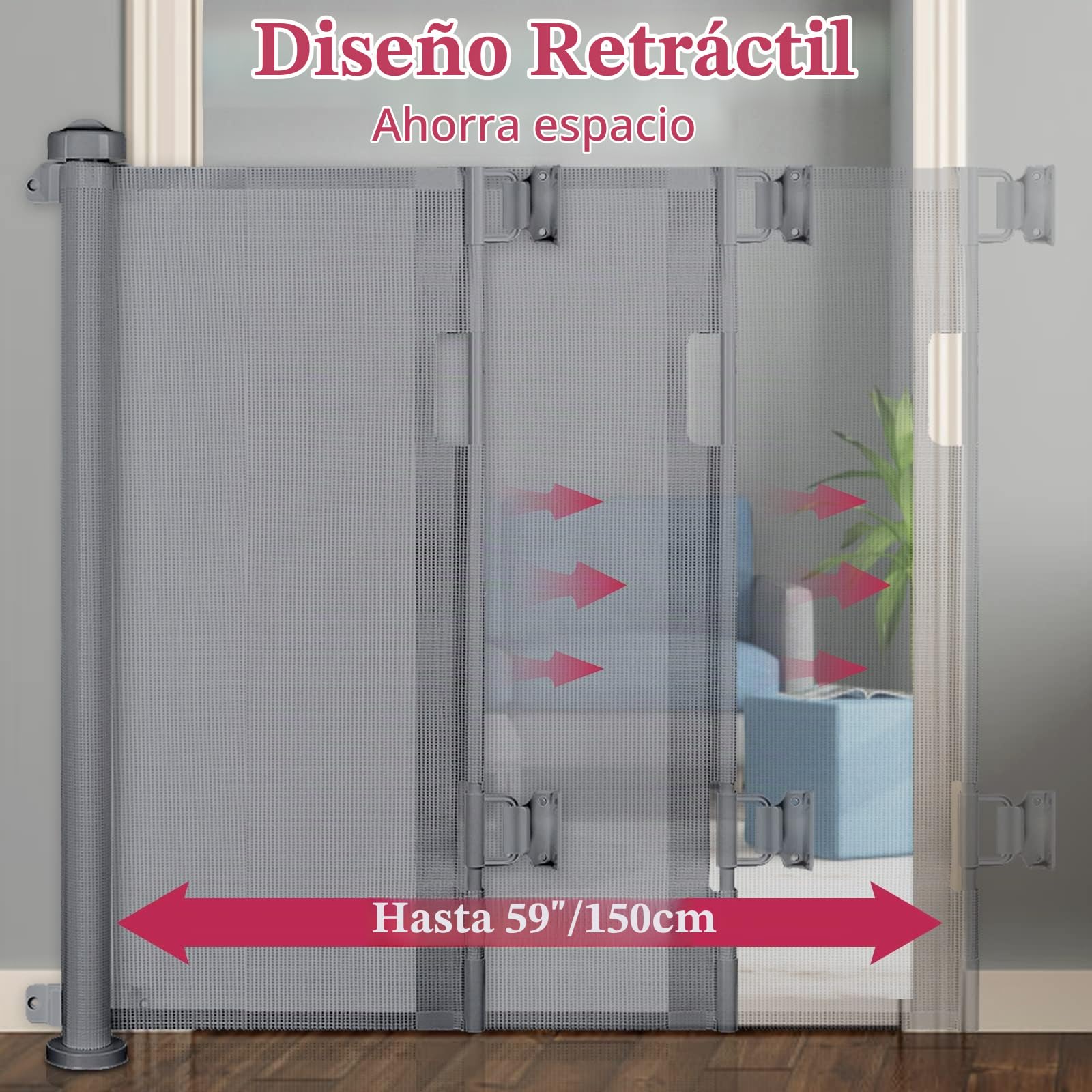 Dioxide Puerta Seguridad Retráctil para Bebés, 0-150 cm, Barrera Seguridad para Escaleras para Niños y Perros, Adecuada para Escaleras, Pasillos, Interiores y Exteriores (Gris)