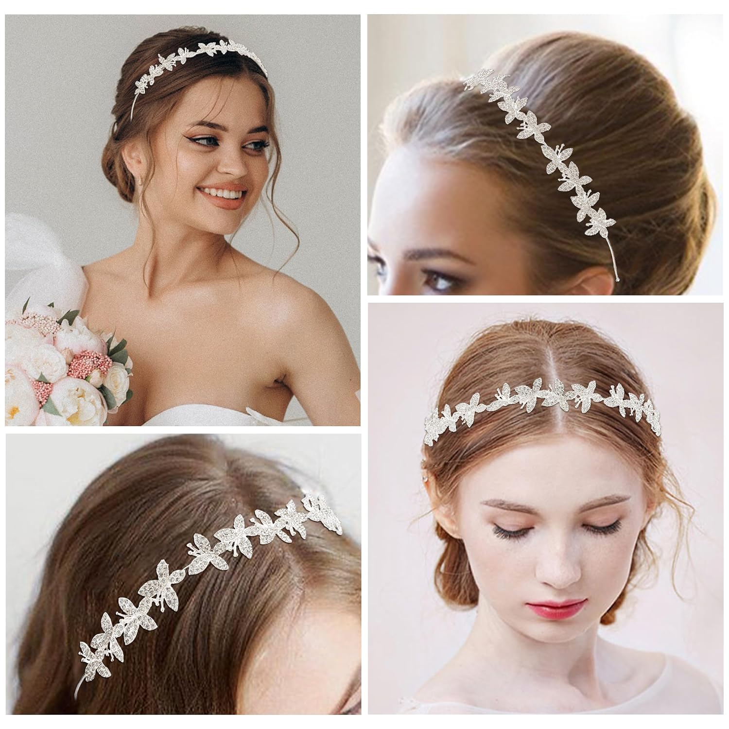 Wedding Headbands for Women Girls Bride Headband Bridal Headpieces Crystal Hair Band Crown Silver Tiara Wedding Gifts Hair Accessories Elegant Fairy Rhinestone Handmade Butterfly Headband - Image 2