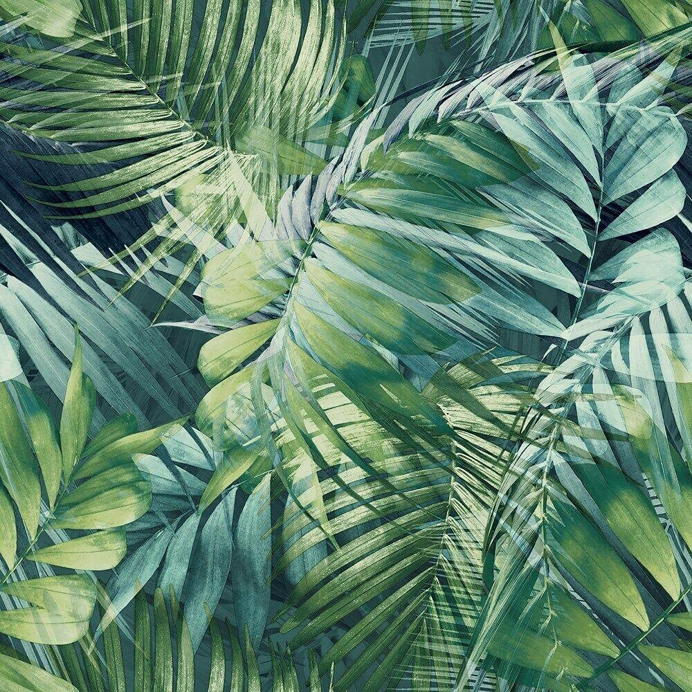 Yöl Blue,Navy,Green Antigua Palm Green Blue Wallpaper Tropical Jungle Leaf Navy Textured