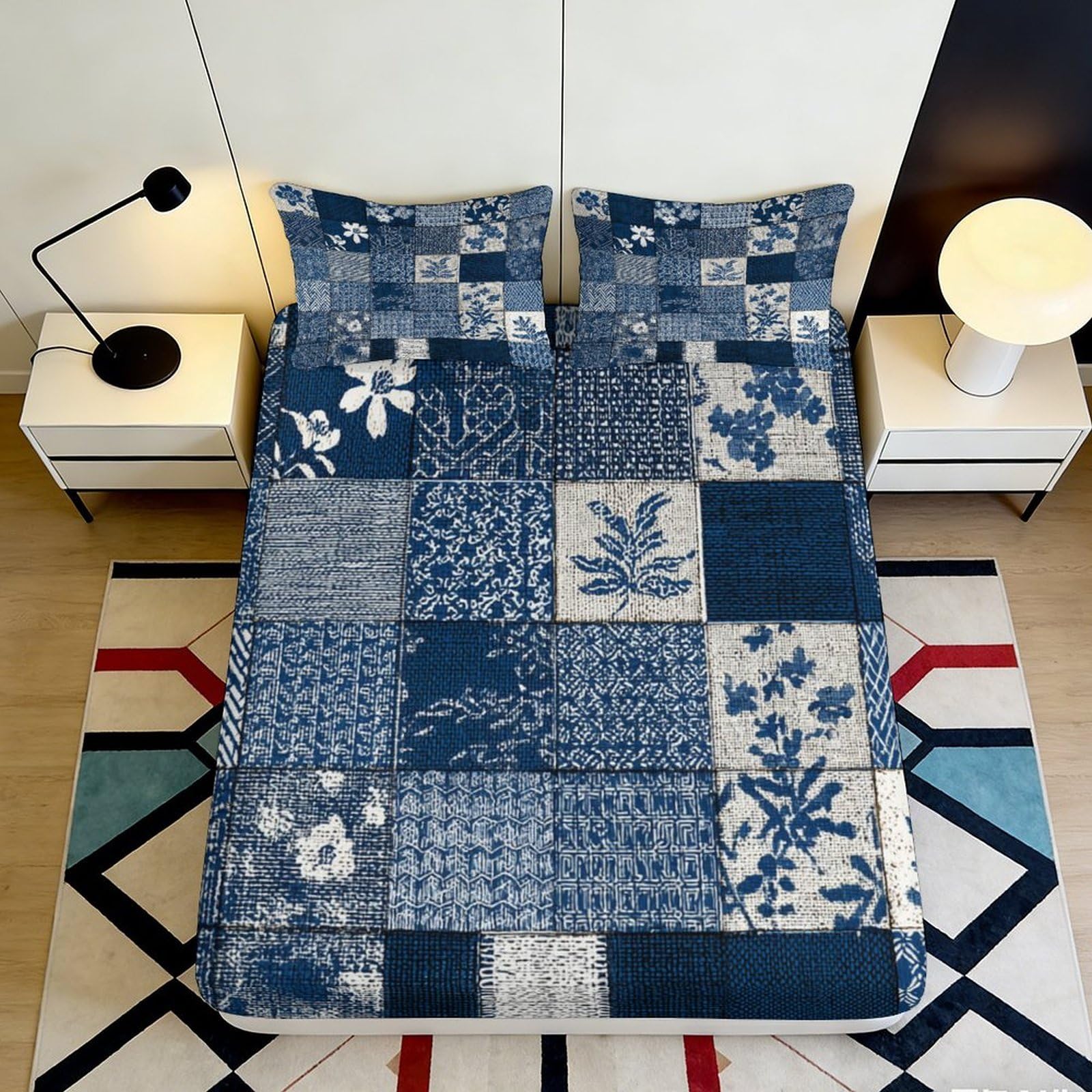 Patchwork Blue Fitted Sheet 3D Printed Microfiber, Soft Touch, Wrinkle Resistant, Bed Cover for Home Bedroom Guest Room, Easy Care, Dustproof Apartment Bedding, 110x200cm 90x200x25cm