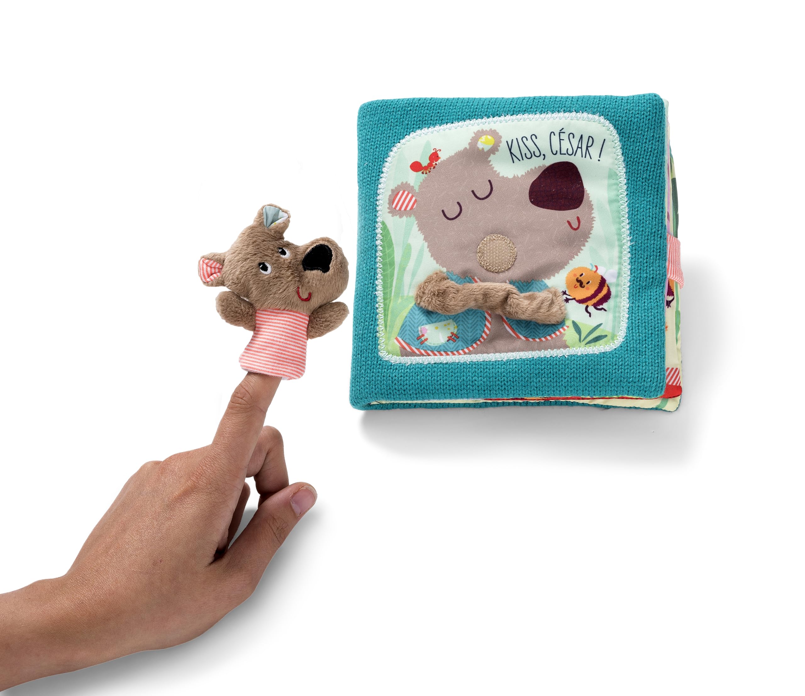 Lilliputiens - Livre d’Éveil en Tissu César Câlins - Livre Interactif avec Marionnette à Doigt - Histoire du Coucher pour Bébé - Idéal pour Stimuler l’Imagination et la Motricité - Dès 12 Mois -86863