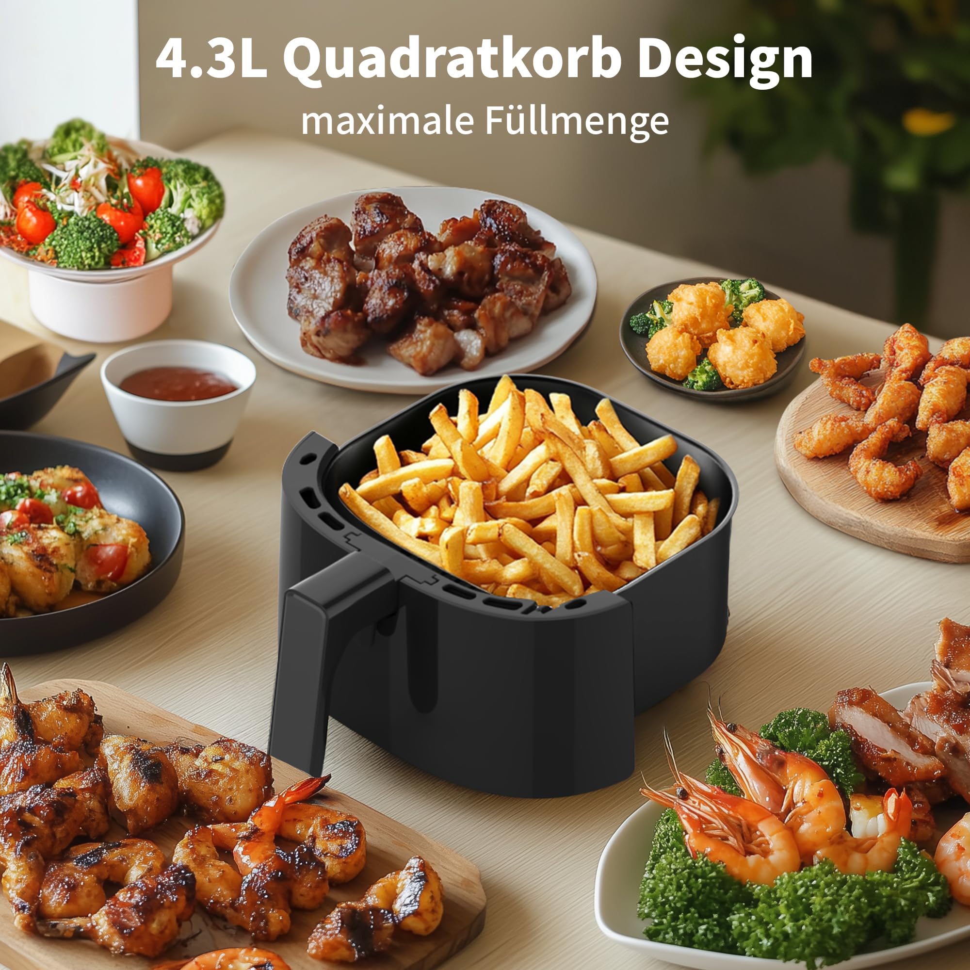 aeco COMPACT AirFryer frytkownica na gorące powietrze z cyfrowym wyświetlaczem dotykowym, 1500 W, regulacja 80°-200°, 8 programów, w zestawie zeszyt z przepisami
