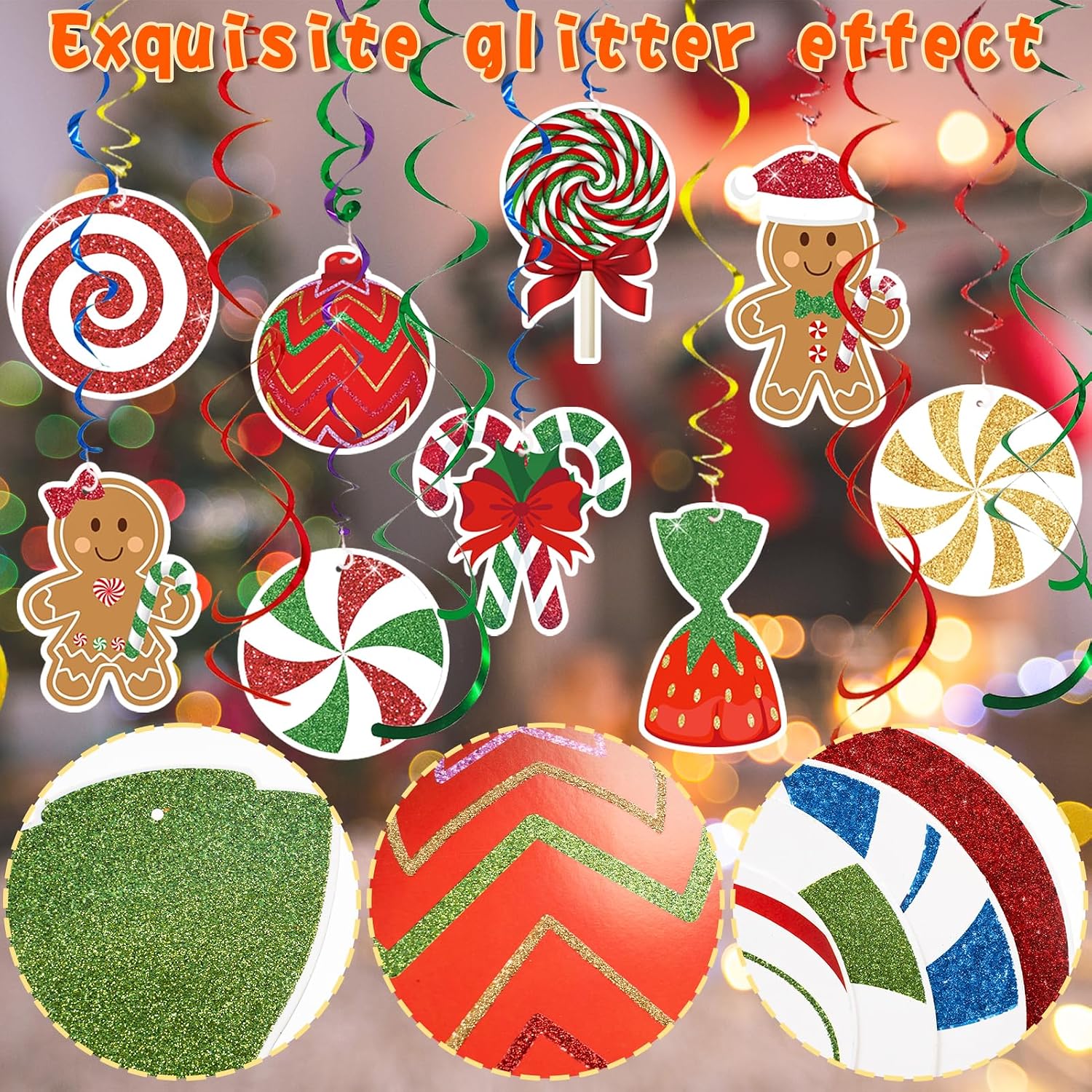 Candy Gingerbread Christmas Decorations - 20pcs Glitter Gingerbread House Candy Christmas Balls Hanging Swirls for Candyland Xmas Party Decor Supplies image 5