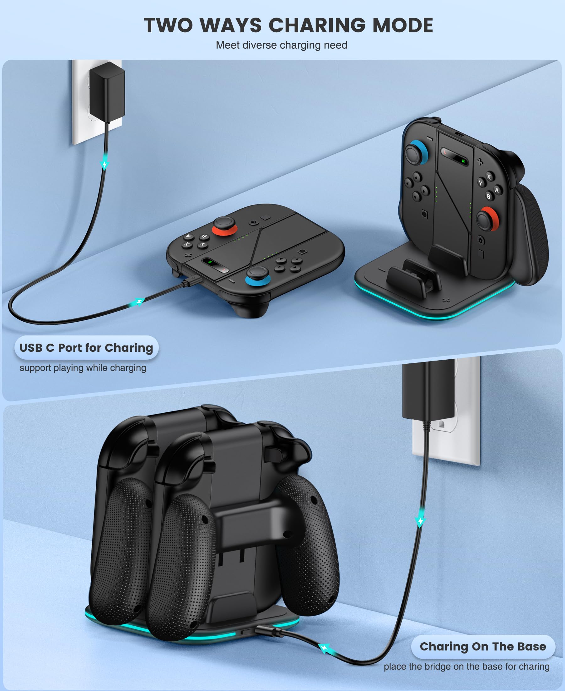 Mango de cargador de mano Joypad 2 en 1 compatible con Nintendo Switch 2 Joy Cons, agarre ergonómico de carga LED para Joypad 2 con cable USB C accesorios de carga