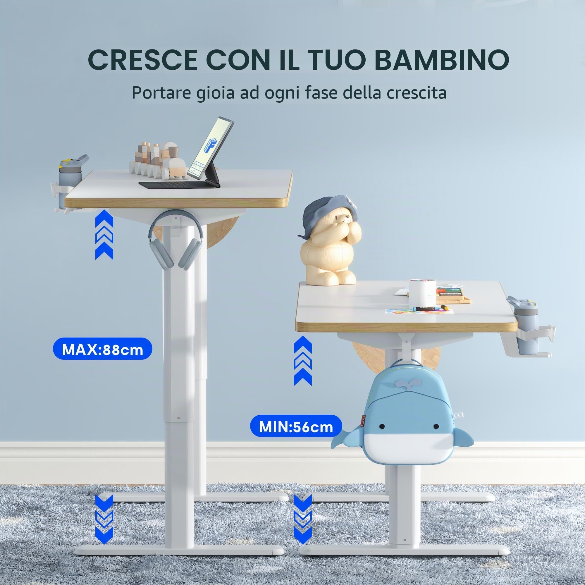 FLEXISPOT Scrivania per Bambini Regolabile in Altezza con Display LED, 3 Spazi di Archiviazione, Sicurezza, Piano Ergonomico 110×52 cm