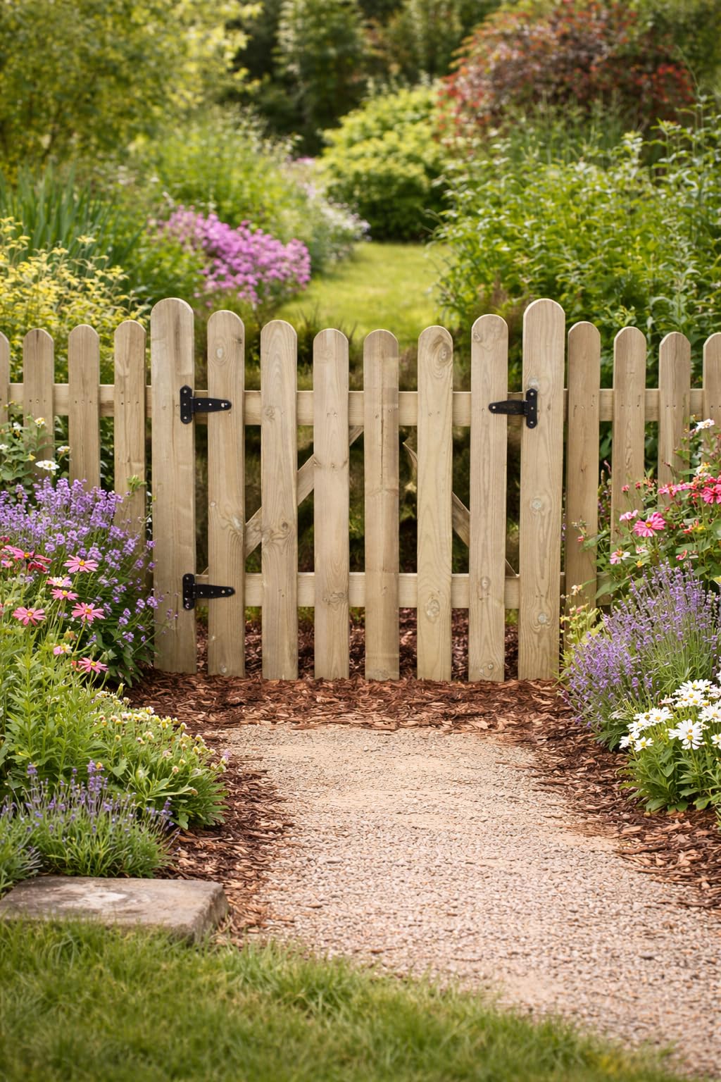 Wooden Garden Under Arched Picket Gate Pressure Treated Timber Pedestrian Fence Gate, Outdoor Wooden Garden Gate with Picket Design (120cm High x 90cm Wide x 5cm deep)