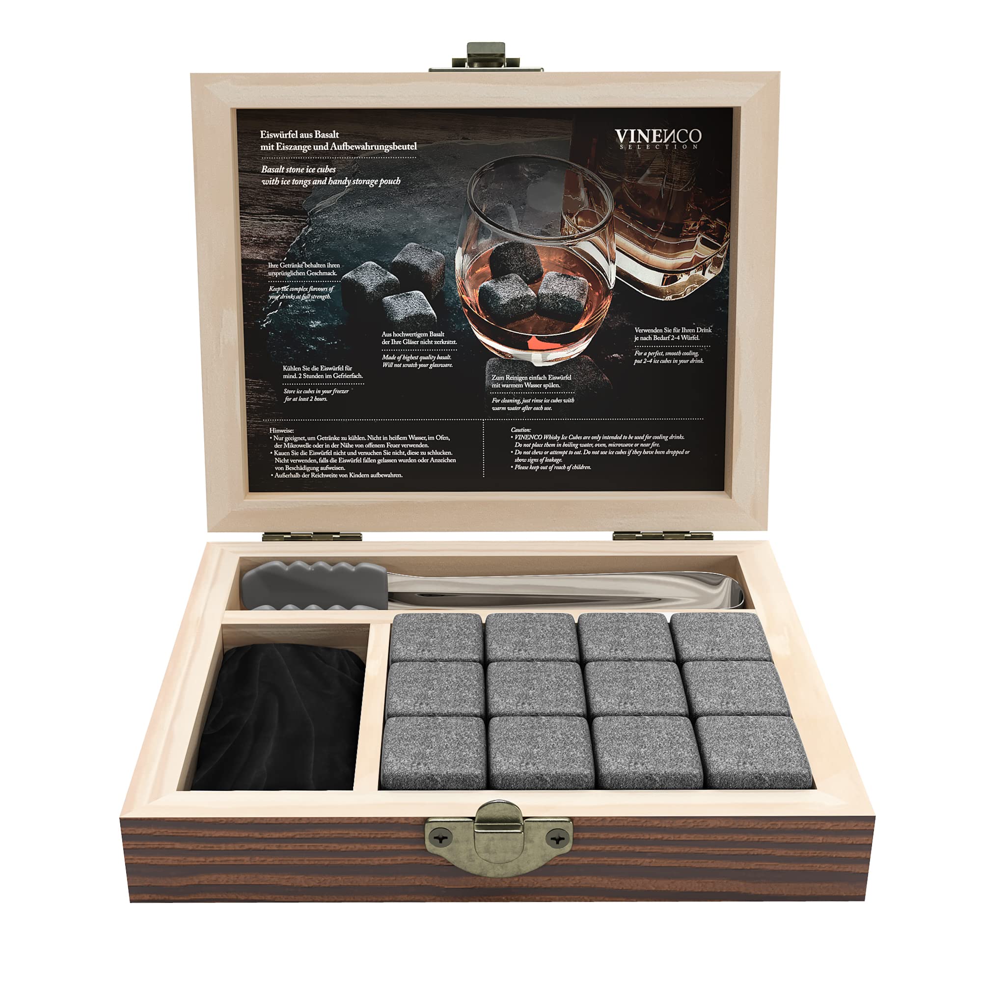 Pierre a Whisky Acier Réutilisables Set de 12 + Pince & Sac en Tissu - Boissons sans Dilution | Glacon Whiskey Basalte Ensemble Cocktail Refroidissement Cadeau Homme Ice Cube Rocks Wisky Stones Gift