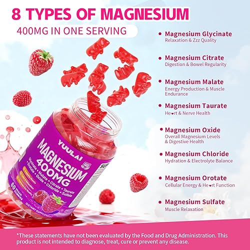 Miniatura 3 de Gomitas complejas de magnesio de 400 mg, glicinato de magnesio, malato, citrato, taurato, óxido y más  con extracto de ashwagandha, D3 y B12 para