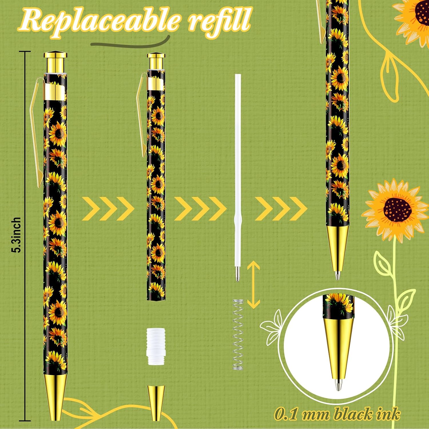 Yexiya 100 Pieces Sunflower Pens Ballpoint Click Ball Pens Reusable Retractable Journaling Sunflower Party Favors Black Ink Medium Point 1.0 mm Gift for Office Women and Men