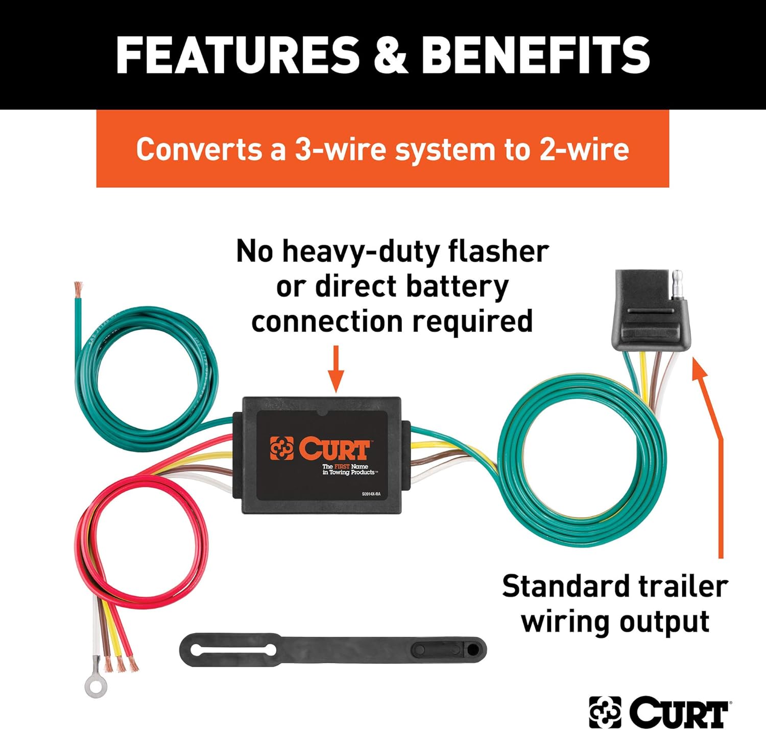 CURT 56130 Non-Powered 3-to-2-Wire Splice-in Trailer Tail Light Converter, 4-Pin Wiring Harness